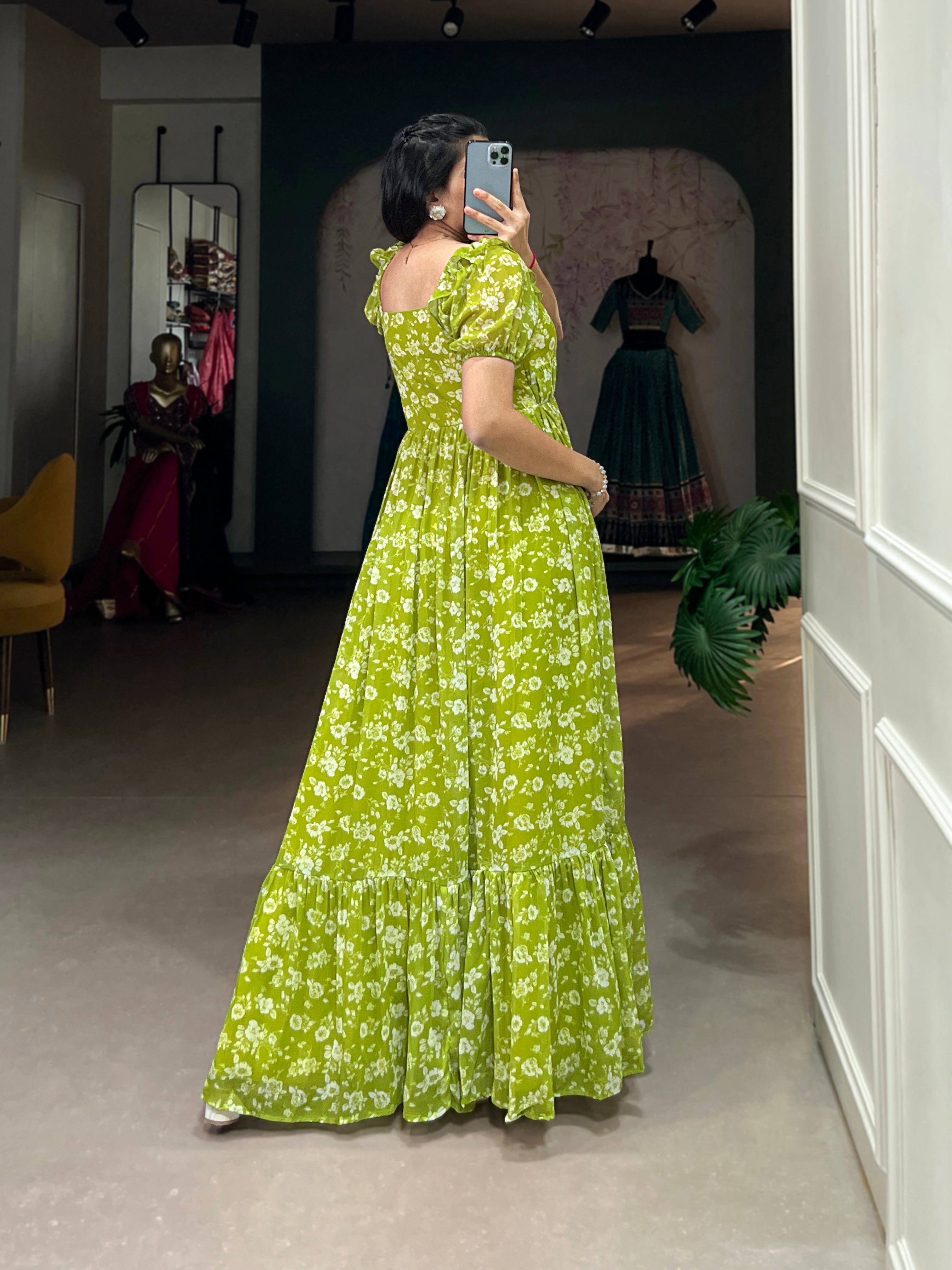 Lorenvalley Parrot green Georgette Floral Print Gown