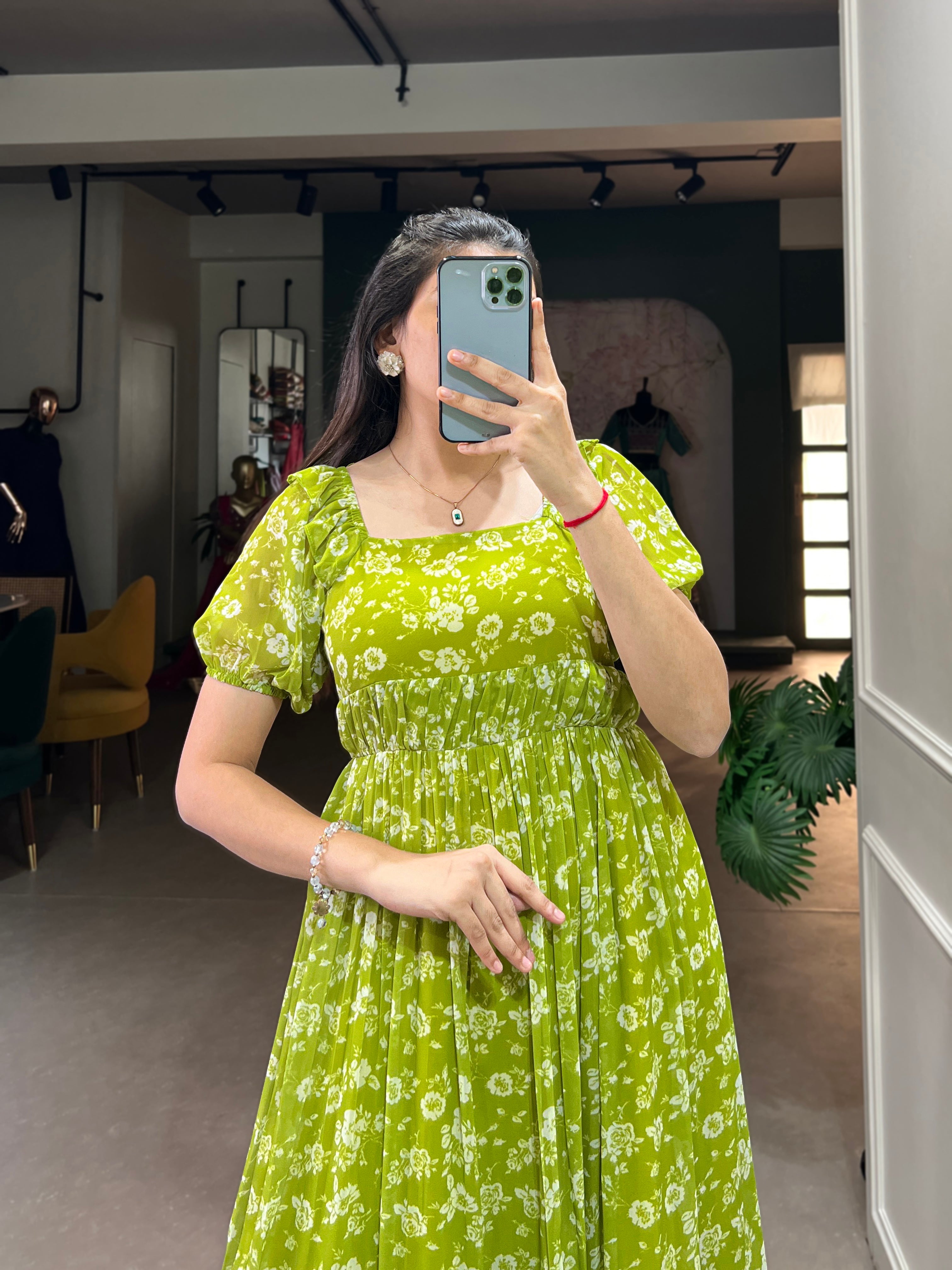 Lorenvalley Parrot green Georgette Floral Print Gown