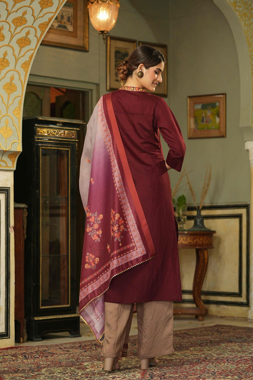 Juniper Maroon Mono Viscose Festive Wear Embroidered Straight Kurta Pant Dupatta Set