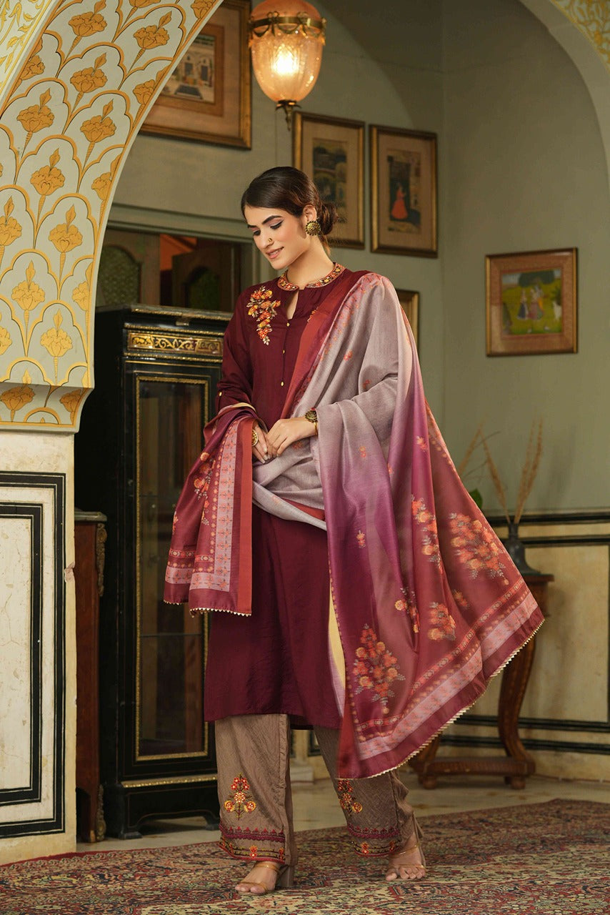 Juniper Maroon Mono Viscose Festive Wear Embroidered Straight Kurta Pant Dupatta Set