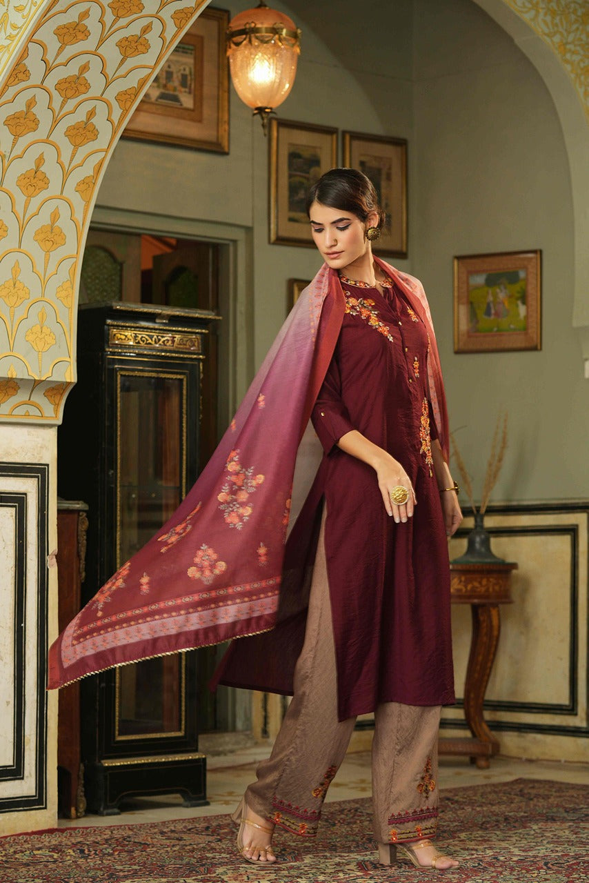 Juniper Maroon Mono Viscose Festive Wear Embroidered Straight Kurta Pant Dupatta Set