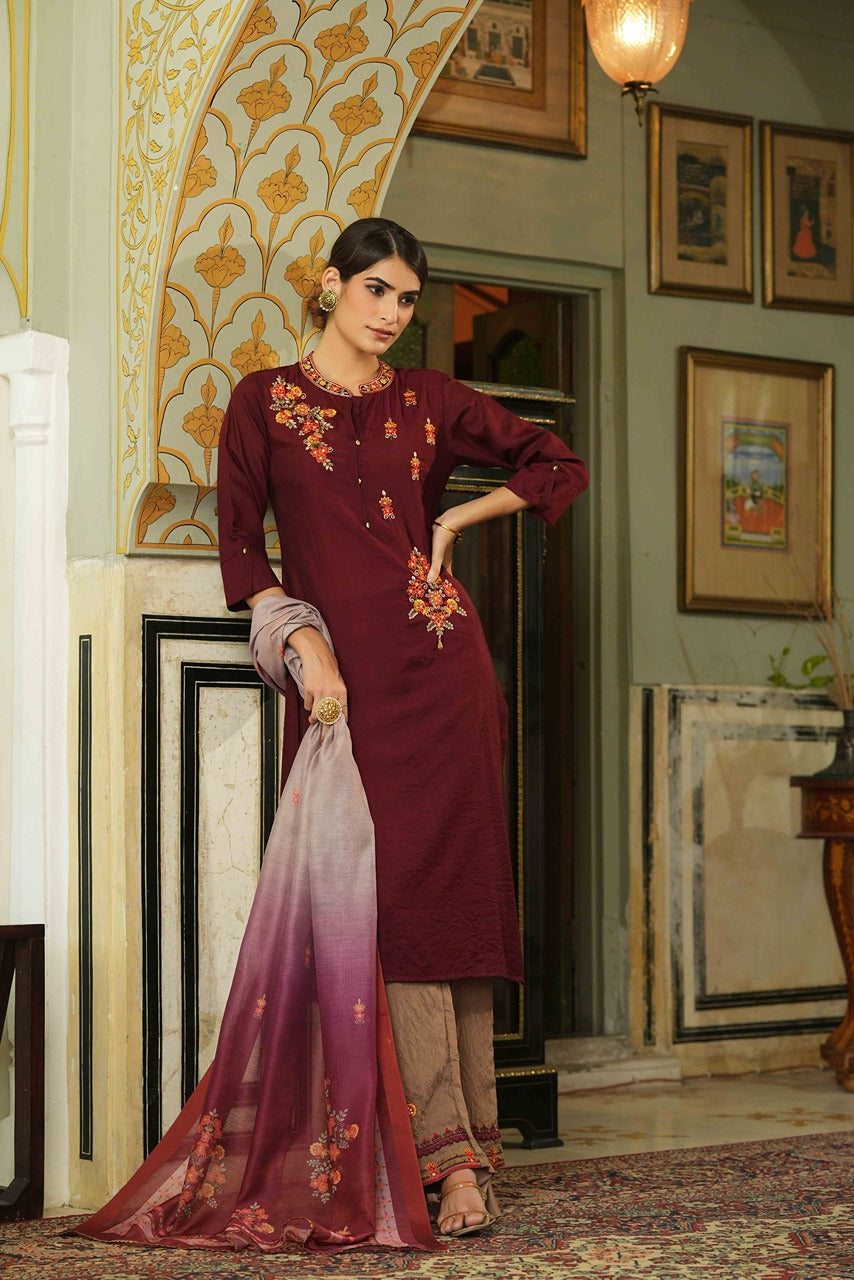 Juniper Maroon Mono Viscose Festive Wear Embroidered Straight Kurta Pant Dupatta Set