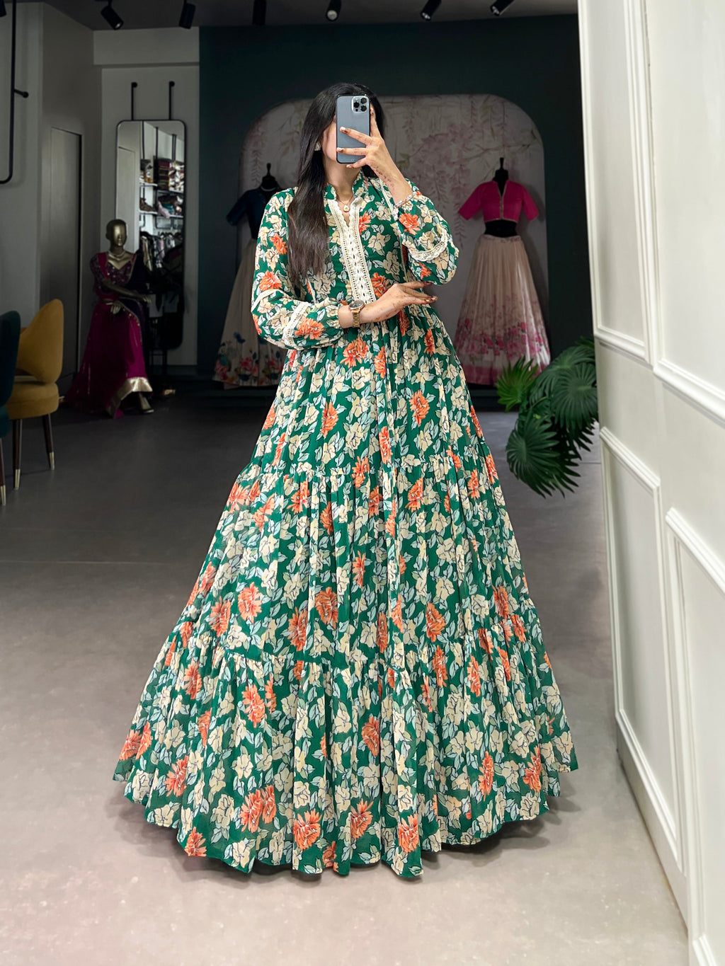 Lorenvalley Green Georgette Floral Print Gown