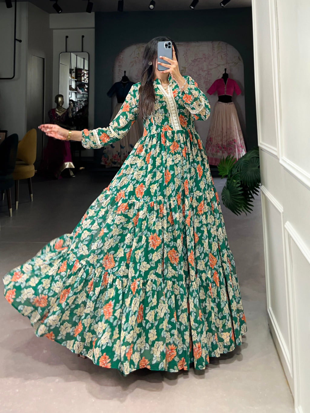 Lorenvalley Green Georgette Floral Print Gown