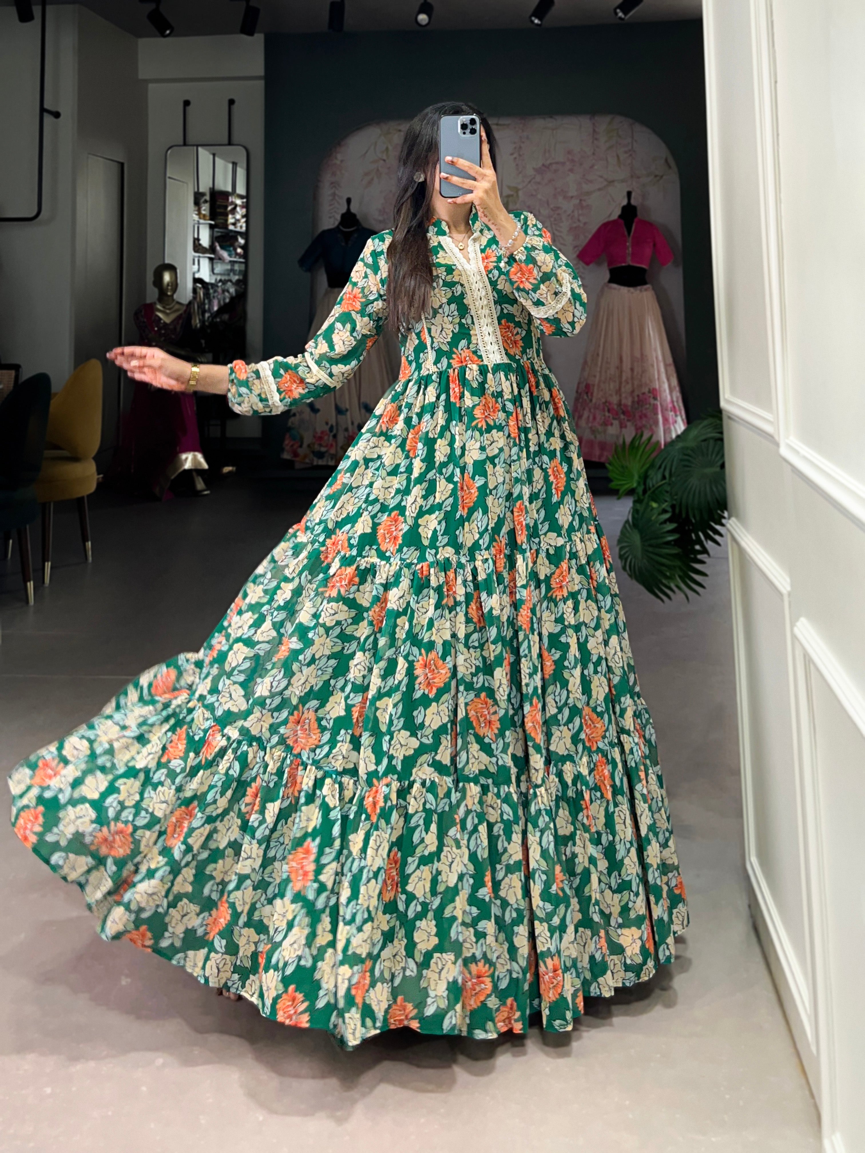 Lorenvalley Green Georgette Floral Print Gown