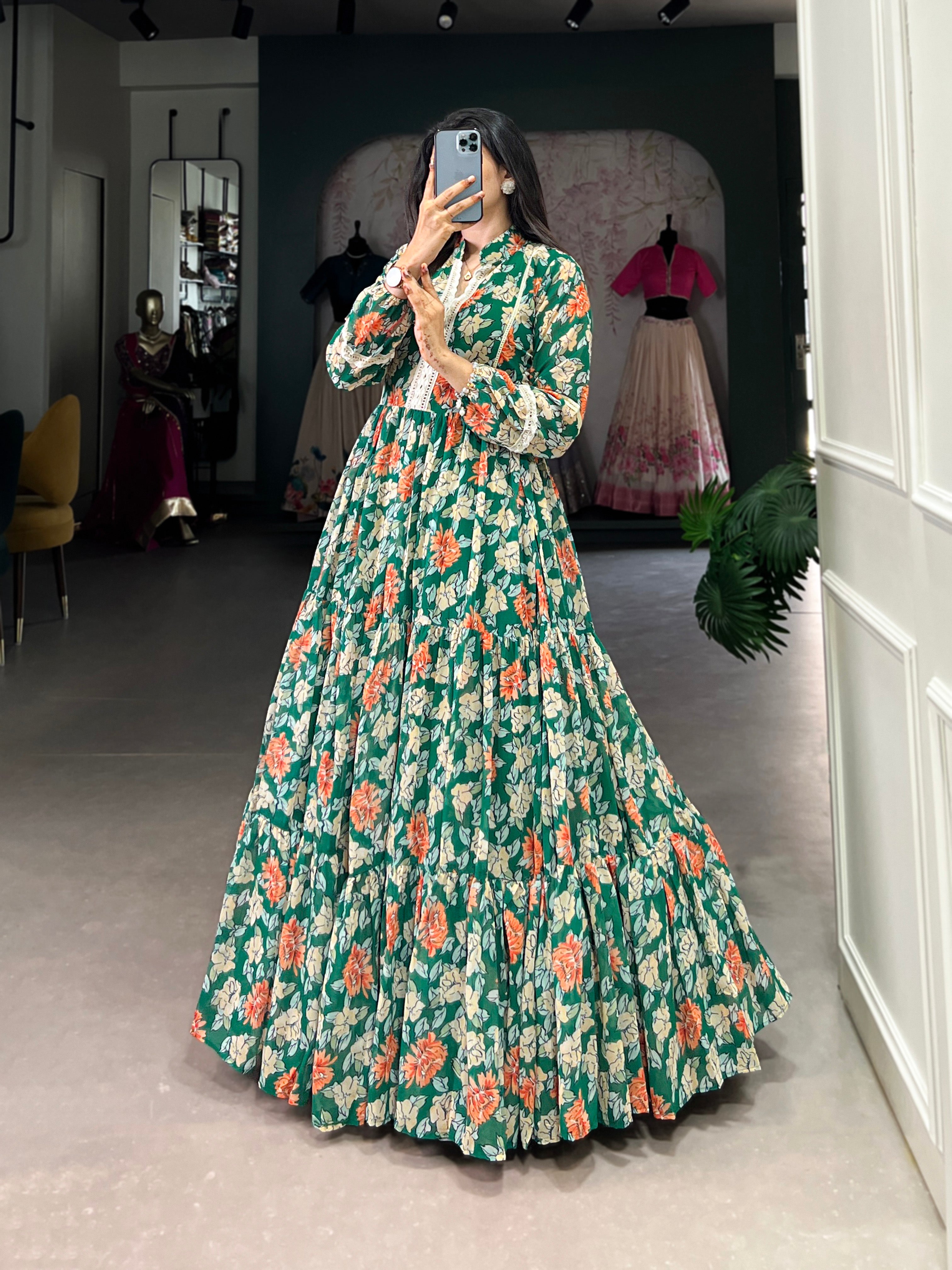 Lorenvalley Green Georgette Floral Print Gown