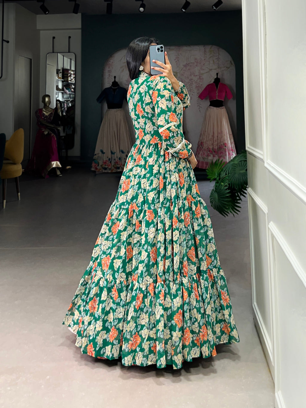 Lorenvalley Green Georgette Floral Print Gown