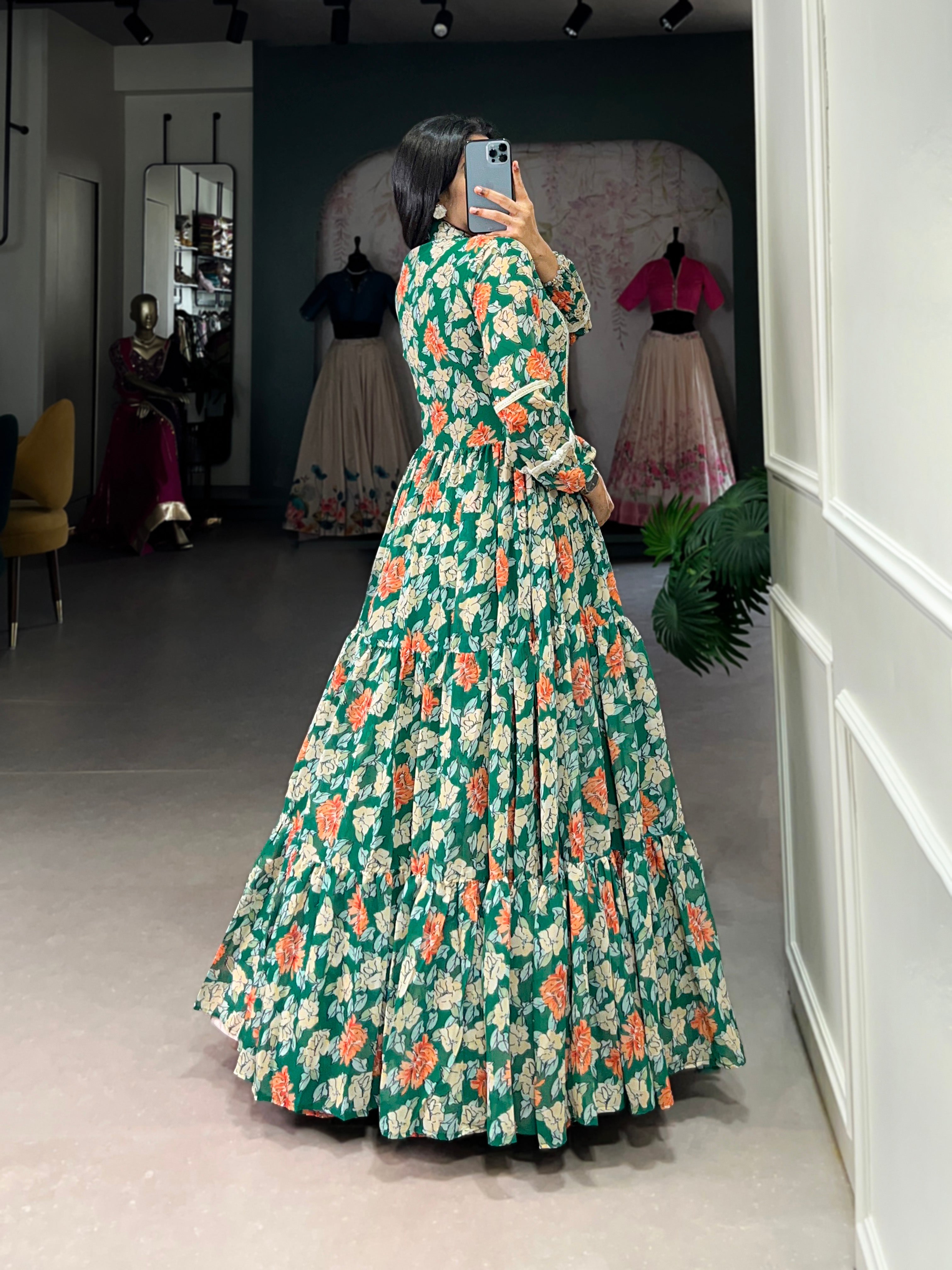 Lorenvalley Green Georgette Floral Print Gown