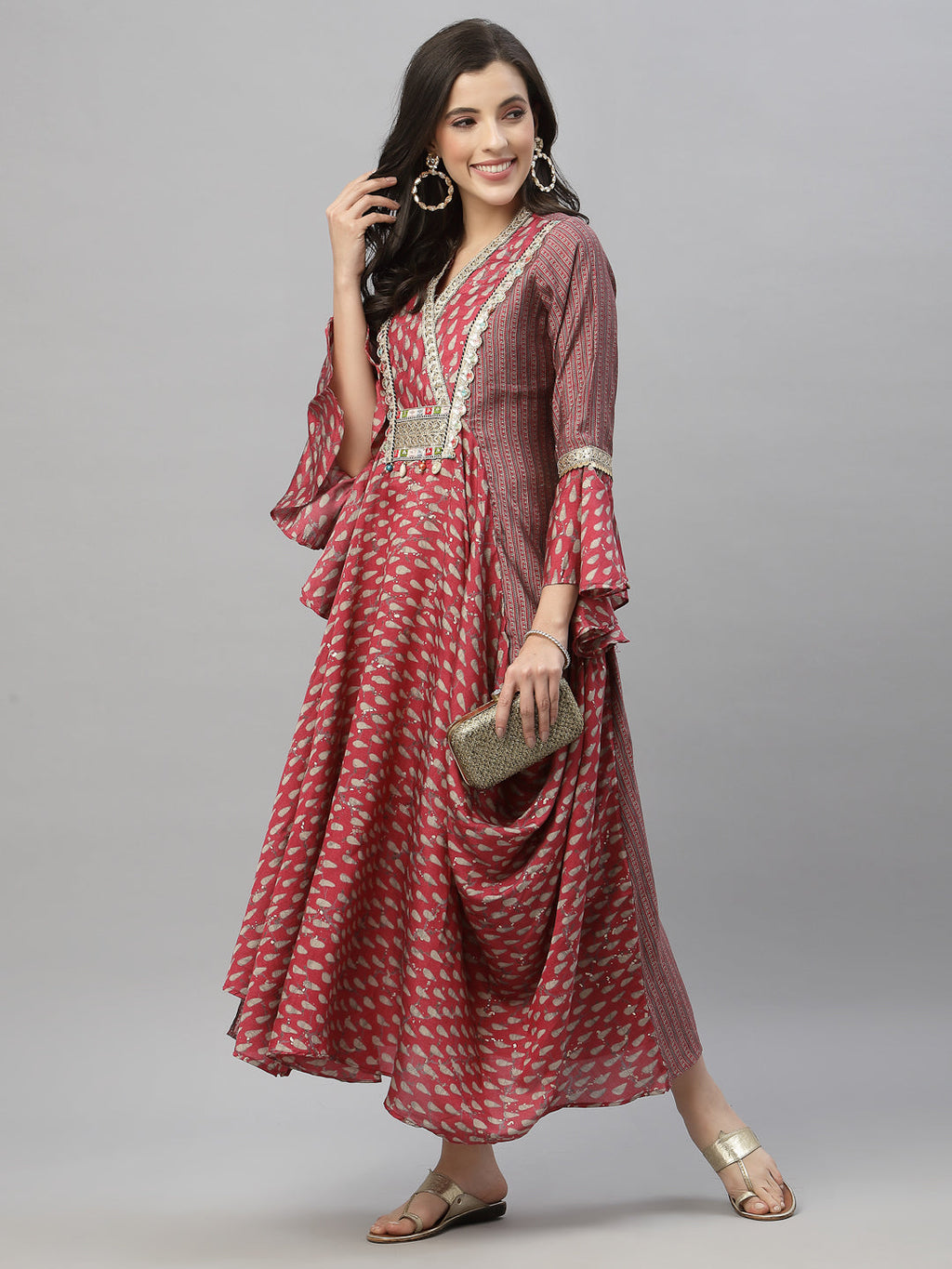 Juniper Women's Pink Silk Printed Flared Dress