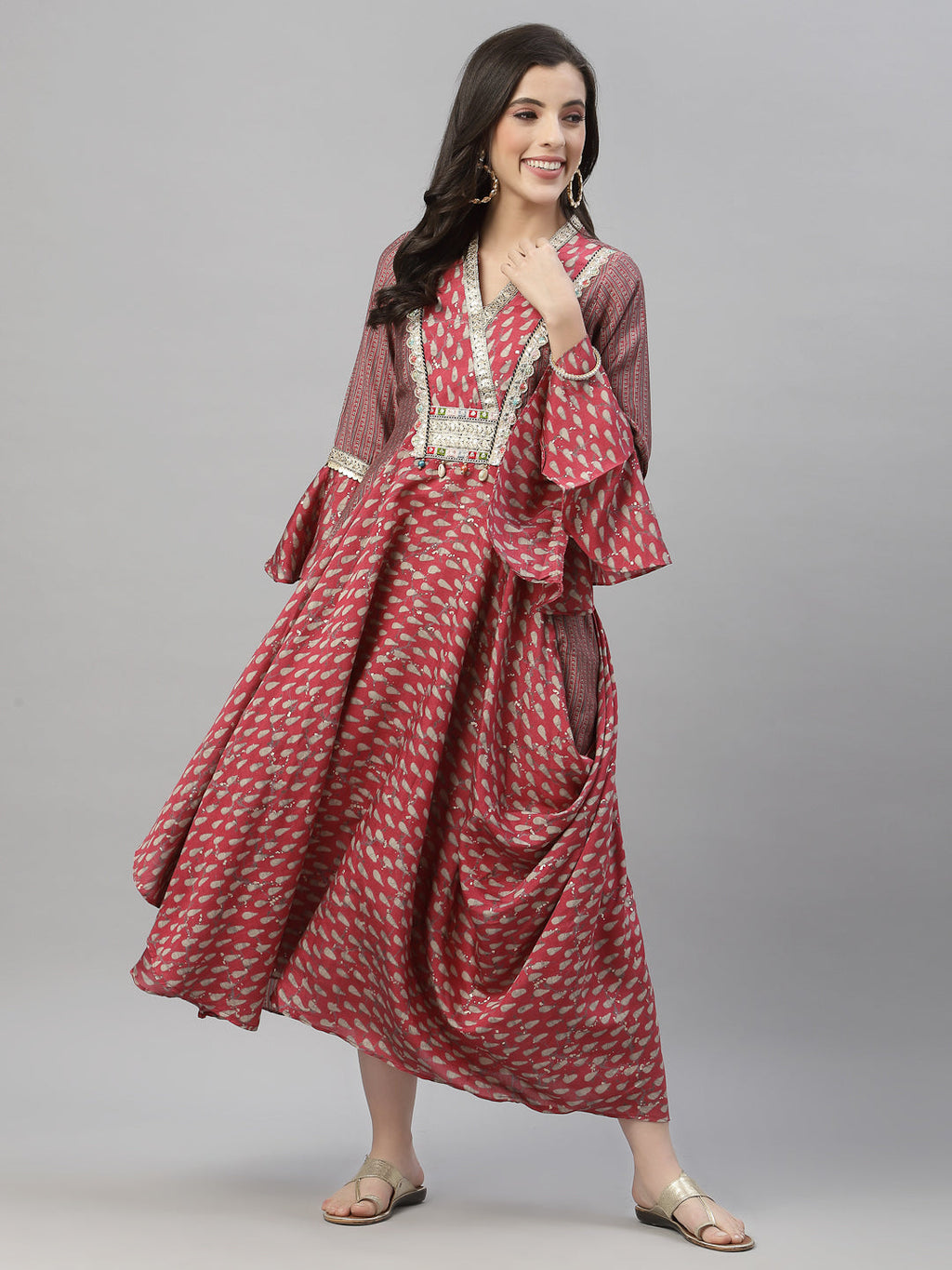 Juniper Women's Pink Silk Printed Flared Dress