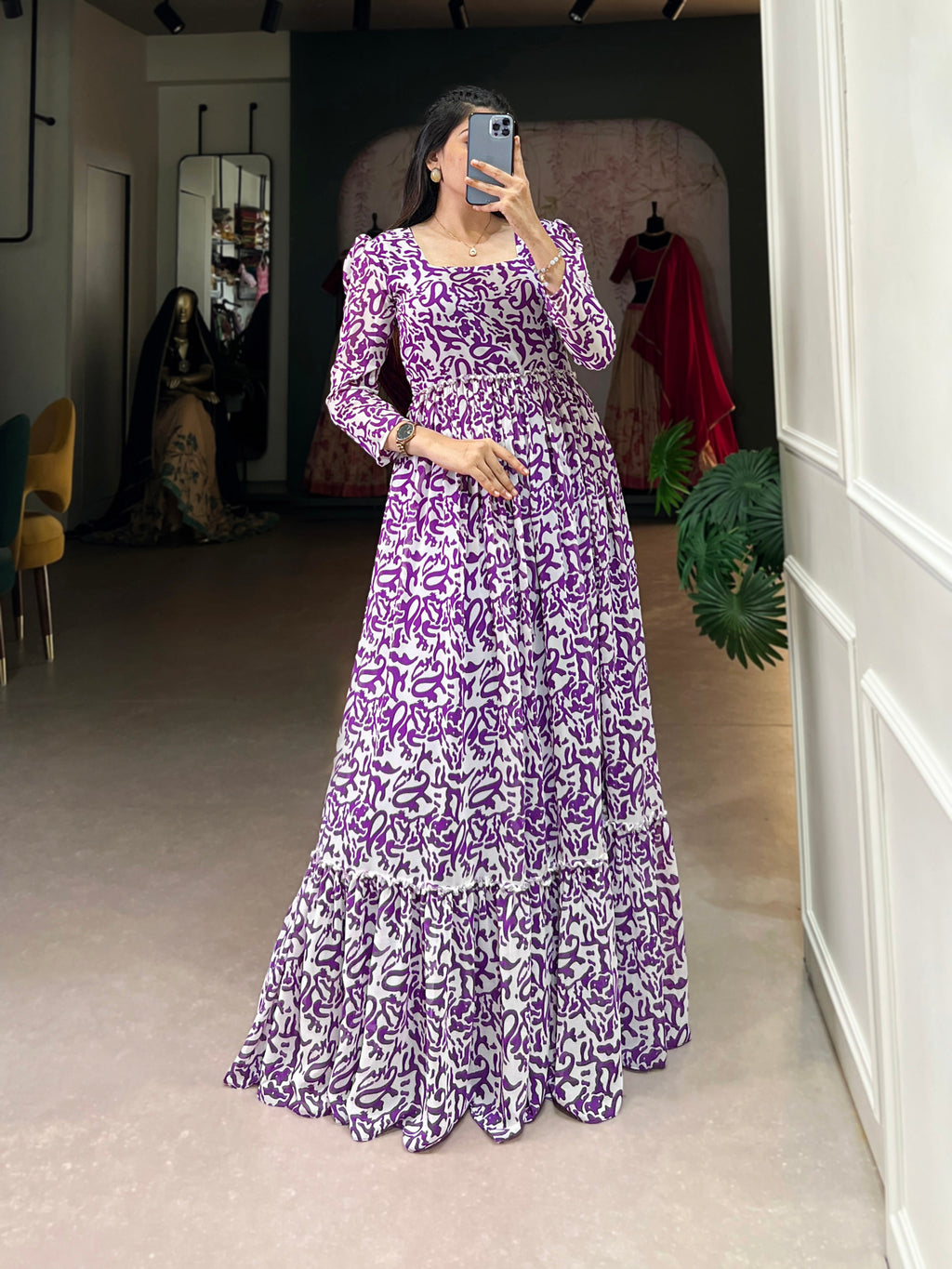 Lorenvalley Purple Georgette Printed Gown