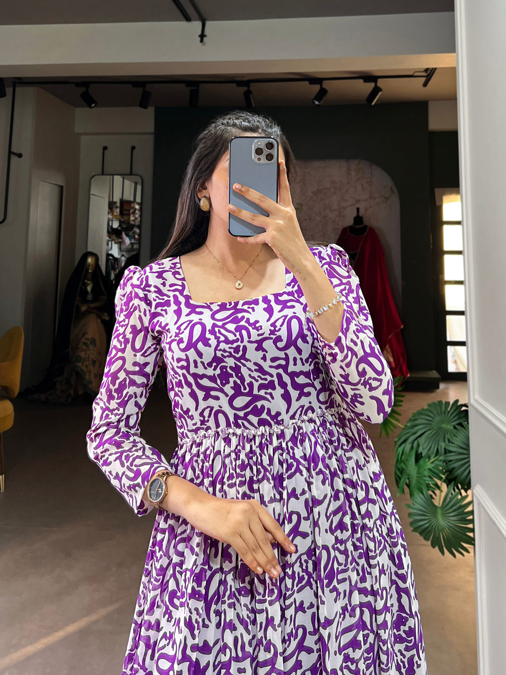 Lorenvalley Purple Georgette Printed Gown