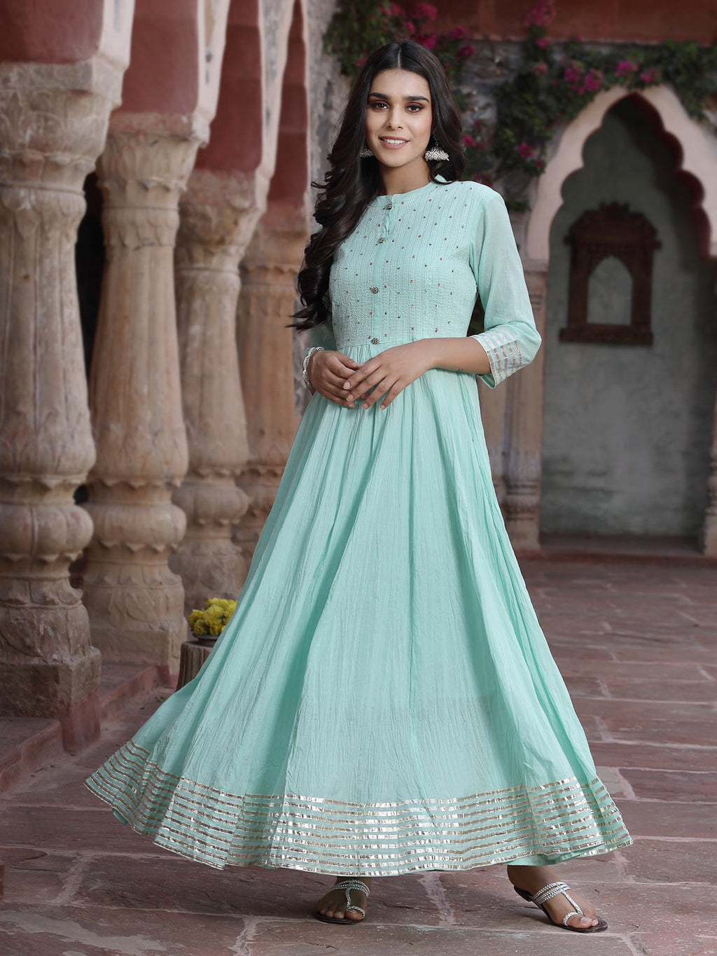 Juniper Women Sky Blue Cotton Solid Flared Dress