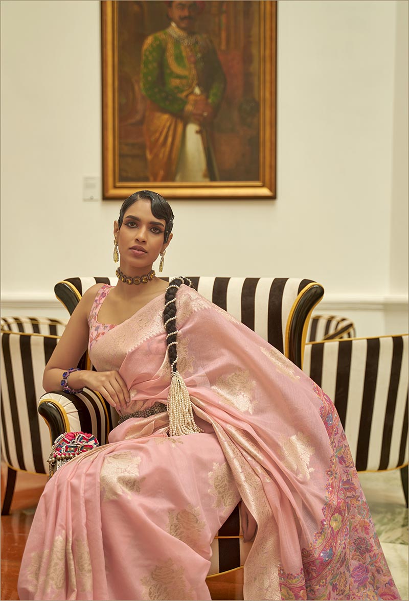 Monjolika Fashion Light Pink Color Handloom Weaving Silk Work Saree With Blouse