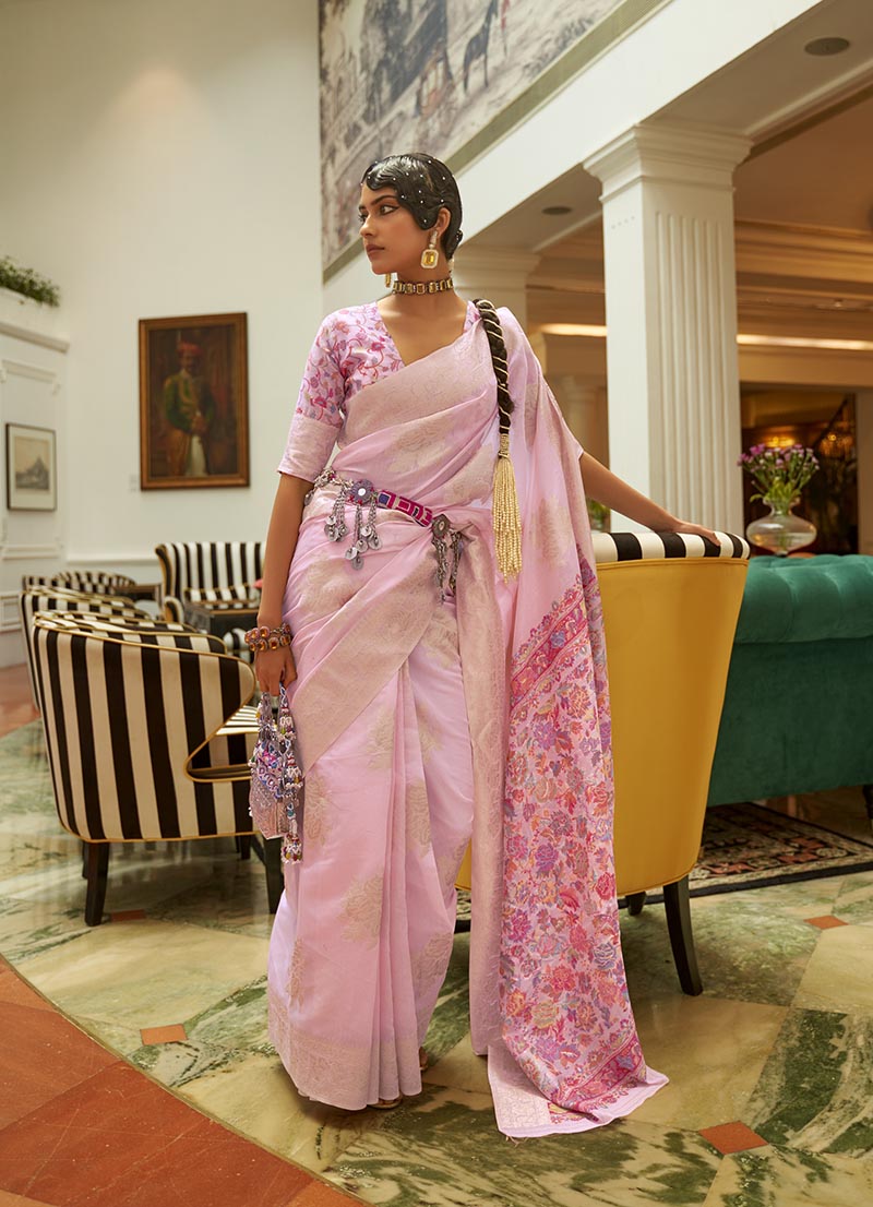 Monjolika Fashion Light Pink Color Handloom Weaving Silk Work Saree With Blouse