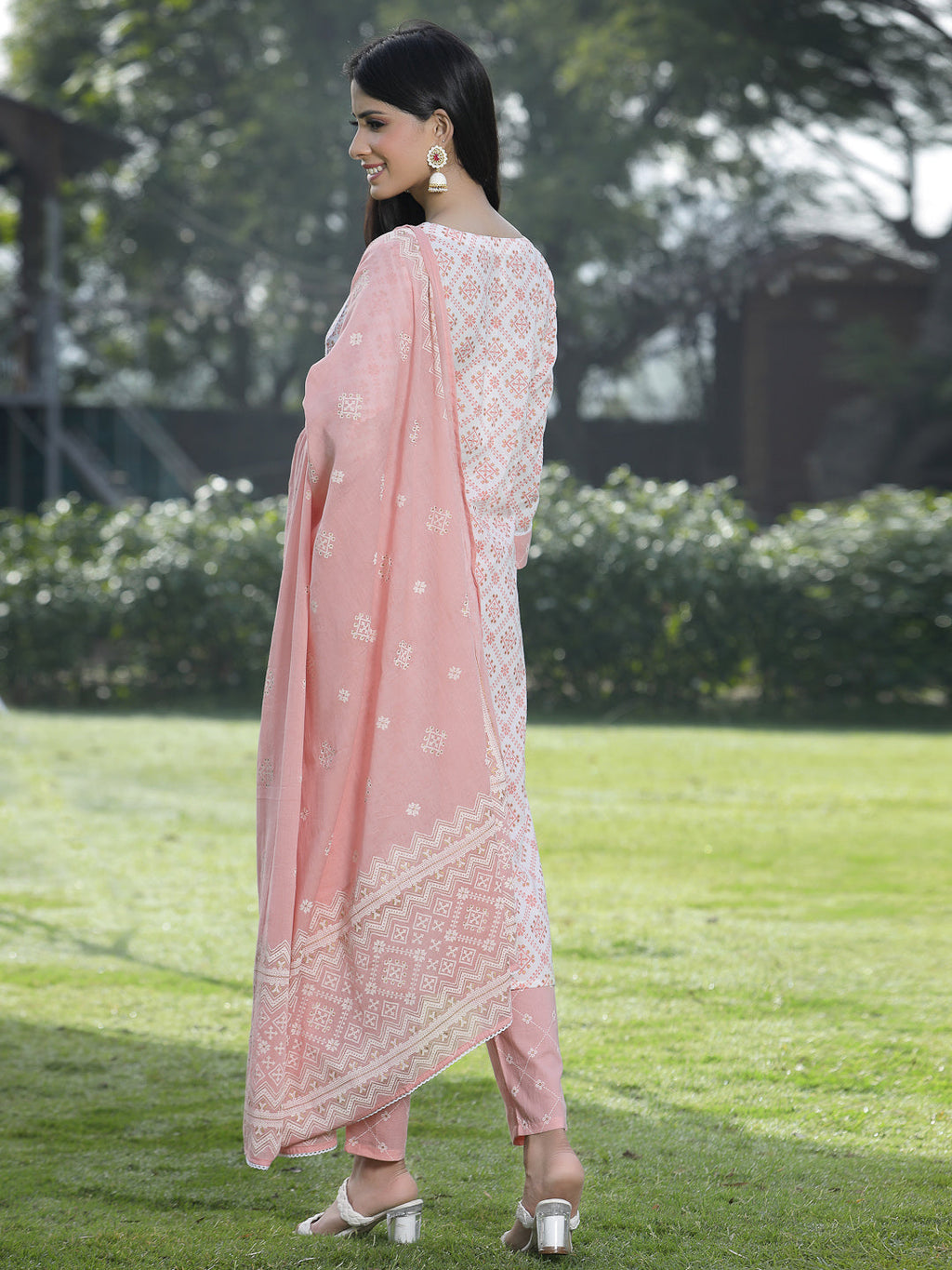 Juniper Women Peach Cotton Embroidered Straight Kurta Pant Dupatta Set