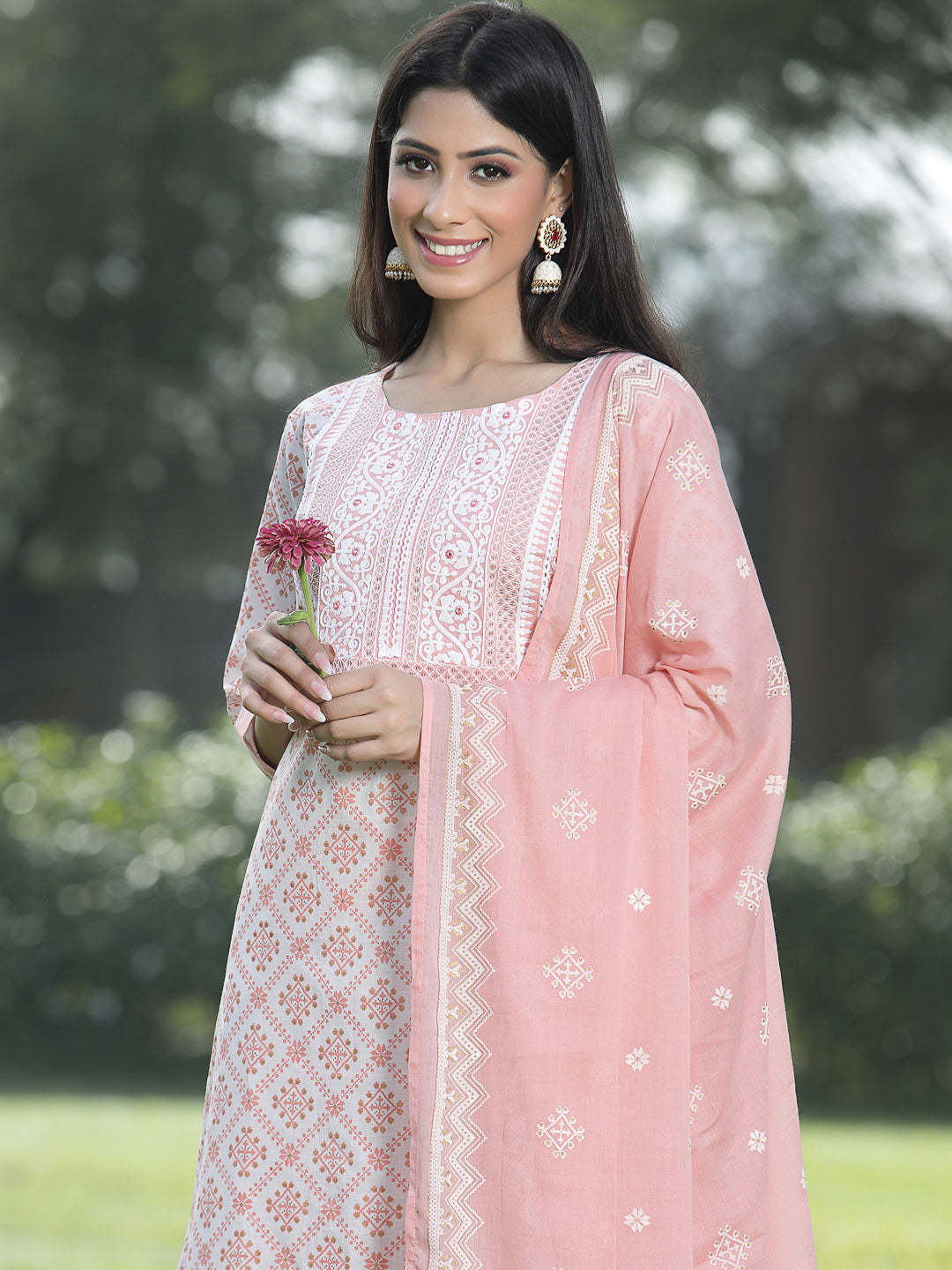 Juniper Women Peach Cotton Embroidered Straight Kurta Pant Dupatta Set