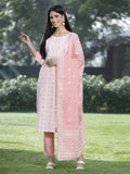 Juniper Women Peach Cotton Embroidered Straight Kurta Pant Dupatta Set