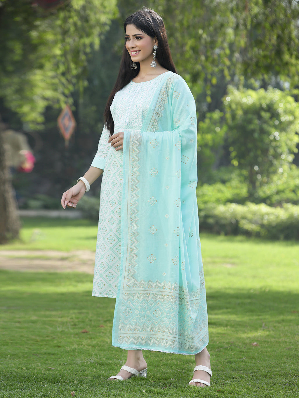 Juniper Women Powder Blue Cotton Embroidered Straight Kurta Pant Dupatta Set