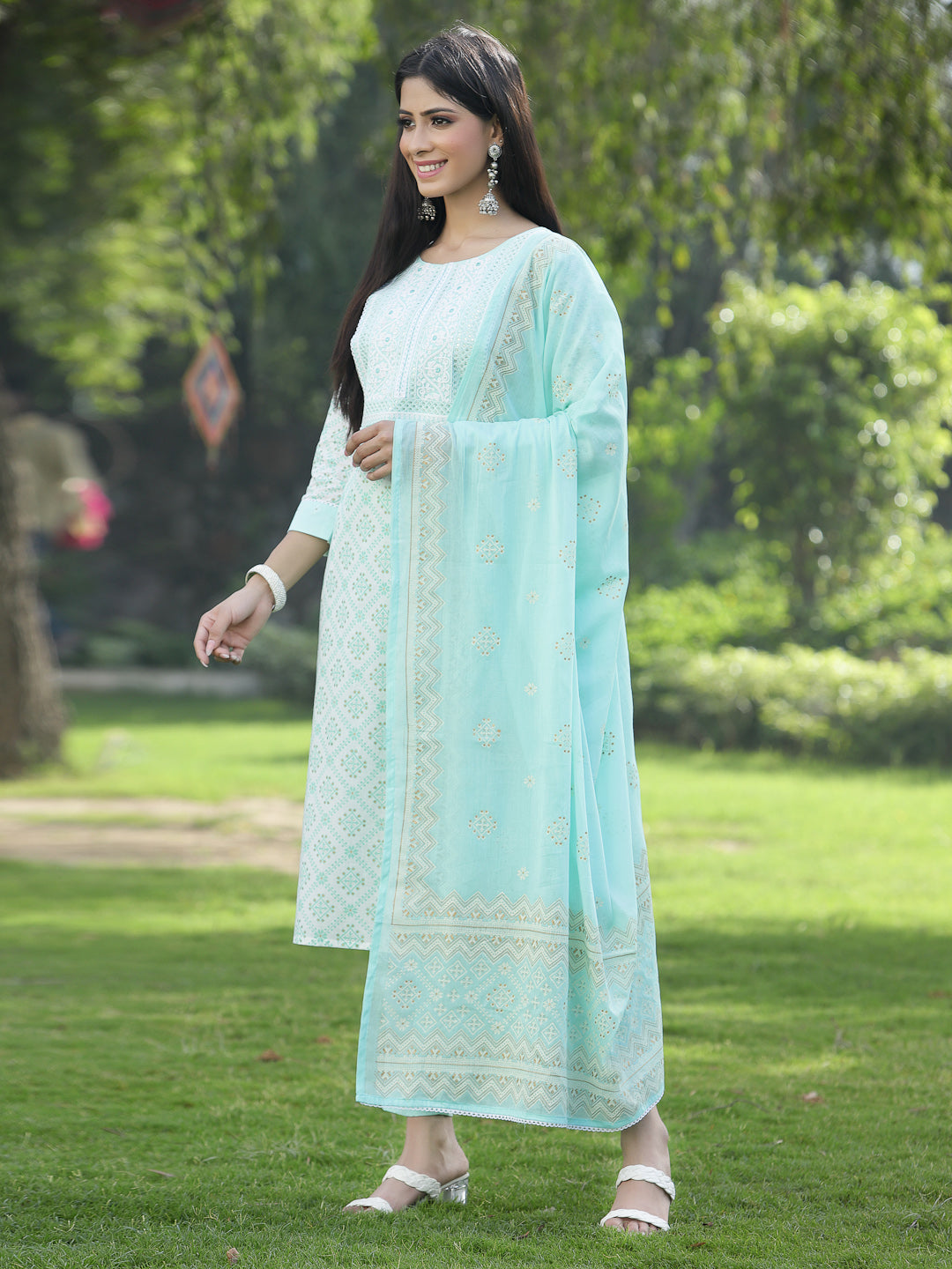 Juniper Women Powder Blue Cotton Embroidered Straight Kurta Pant Dupatta Set