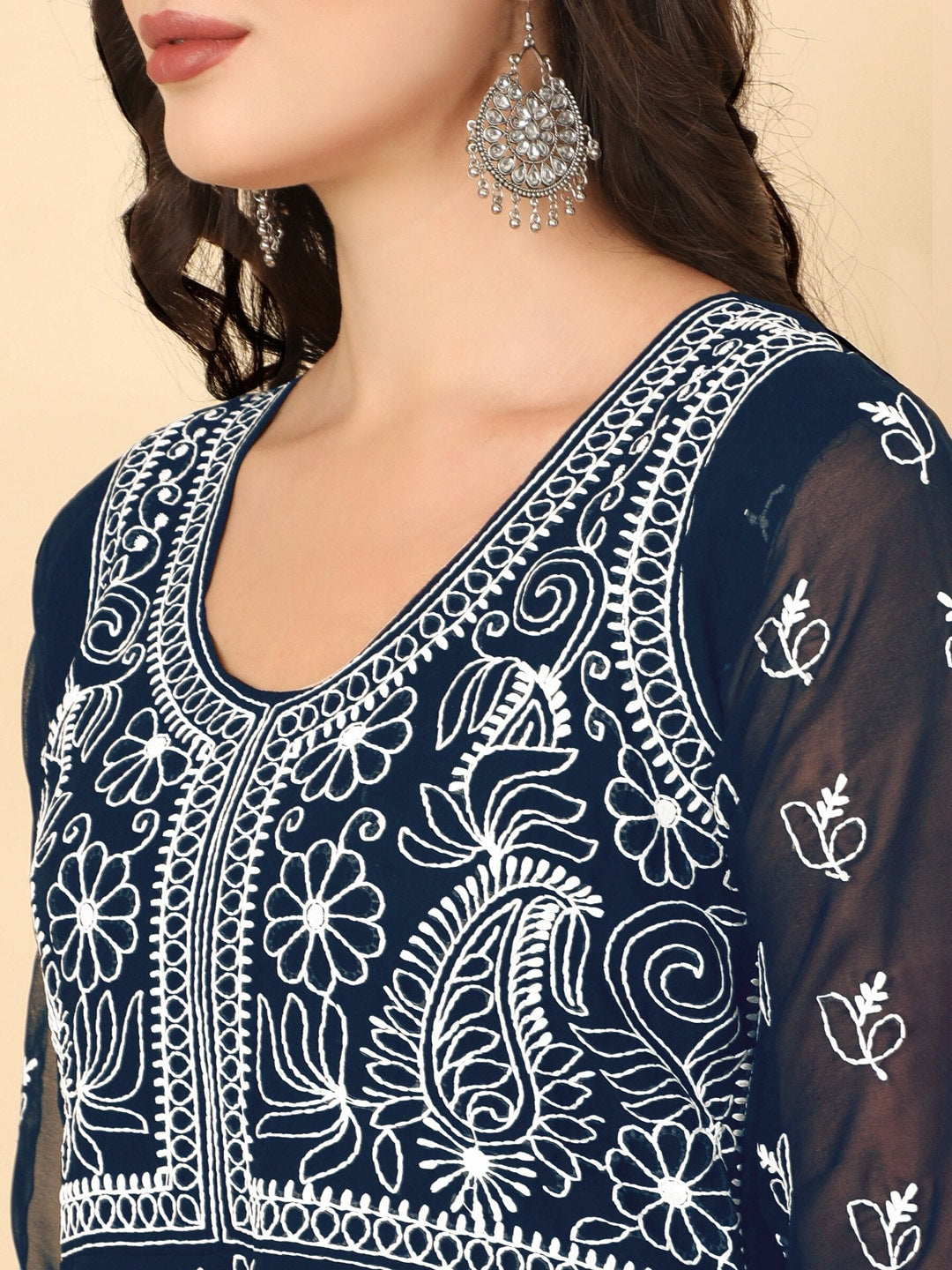 HERE&NOW Women Chikankari Embroidered Thread Work Georgette Anarkali Kurta