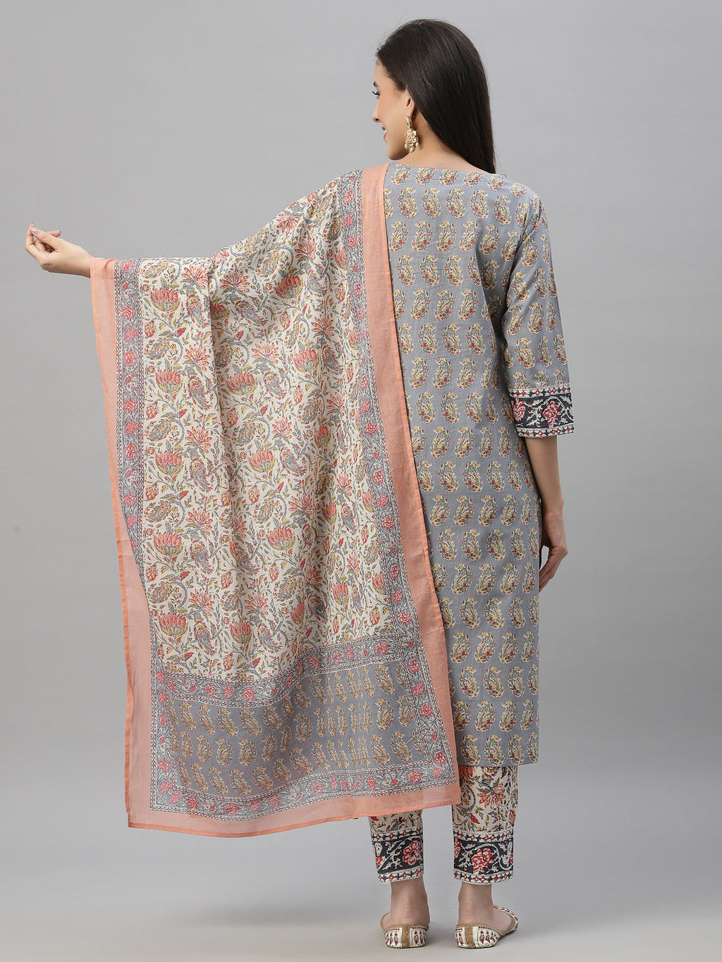 Juniper Women Grey Cotton Embroidered Straight Kurta Pant Dupatta Set