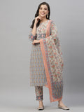 Juniper Women Grey Cotton Embroidered Straight Kurta Pant Dupatta Set