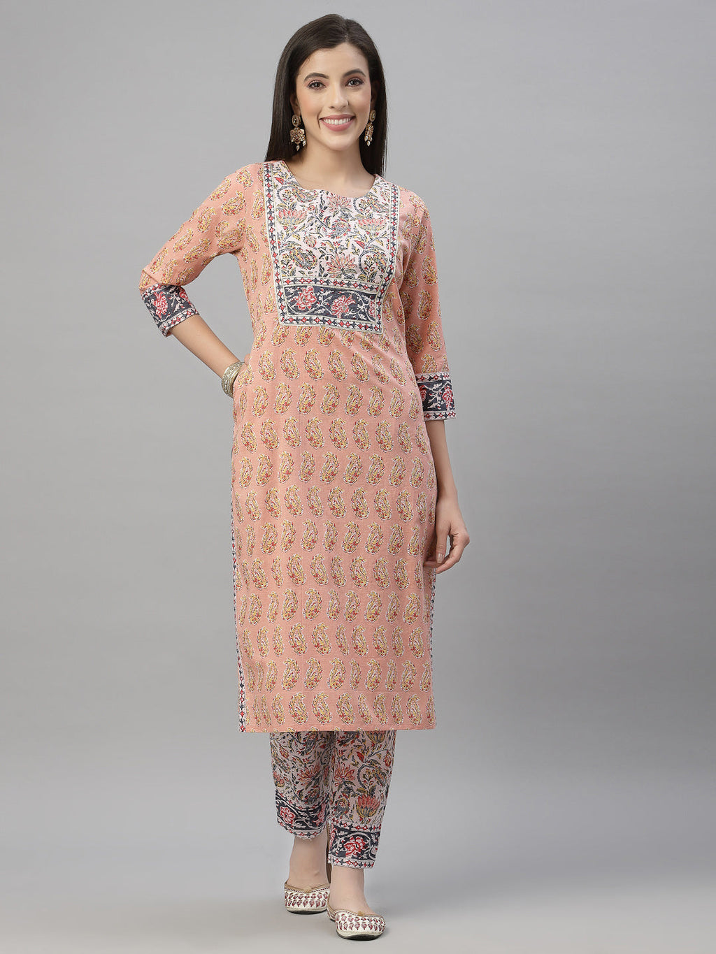 Juniper Women Peach Cotton Embroidered Straight Kurta Pant Dupatta Set