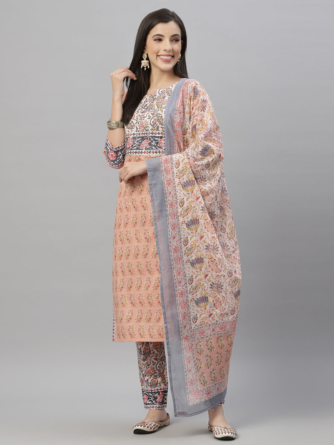 Juniper Women Peach Cotton Embroidered Straight Kurta Pant Dupatta Set