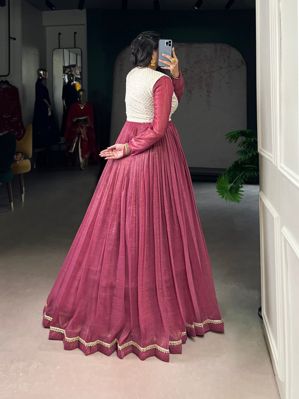 Lorenvalley Fashion Pink Silver Glosy Crunchy Lace Touch Up Gown with Koti
