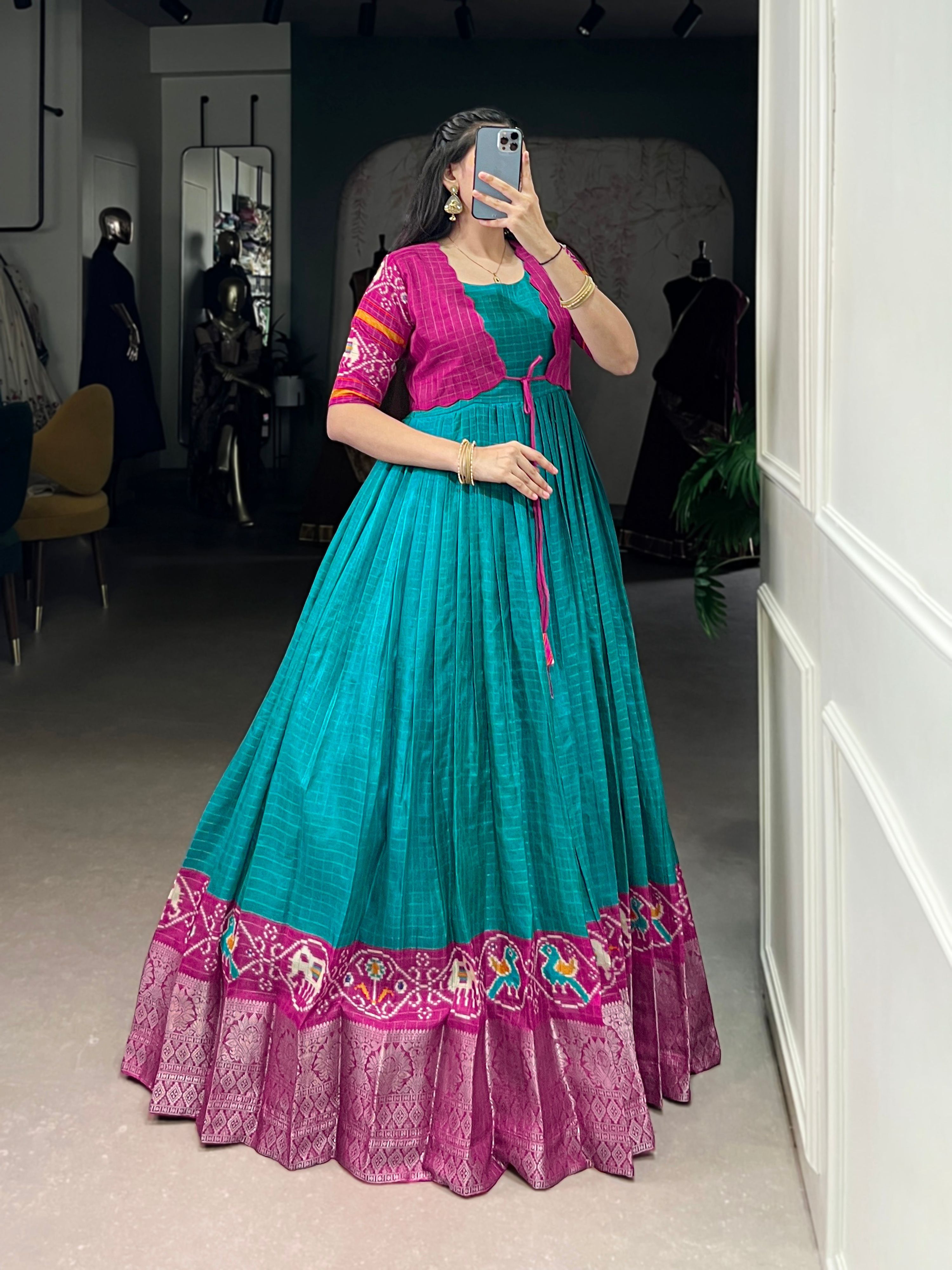Lorenvalley Fashion Firozi Tussar Chex Patola Print With Weaving Work Border Gown with Koti