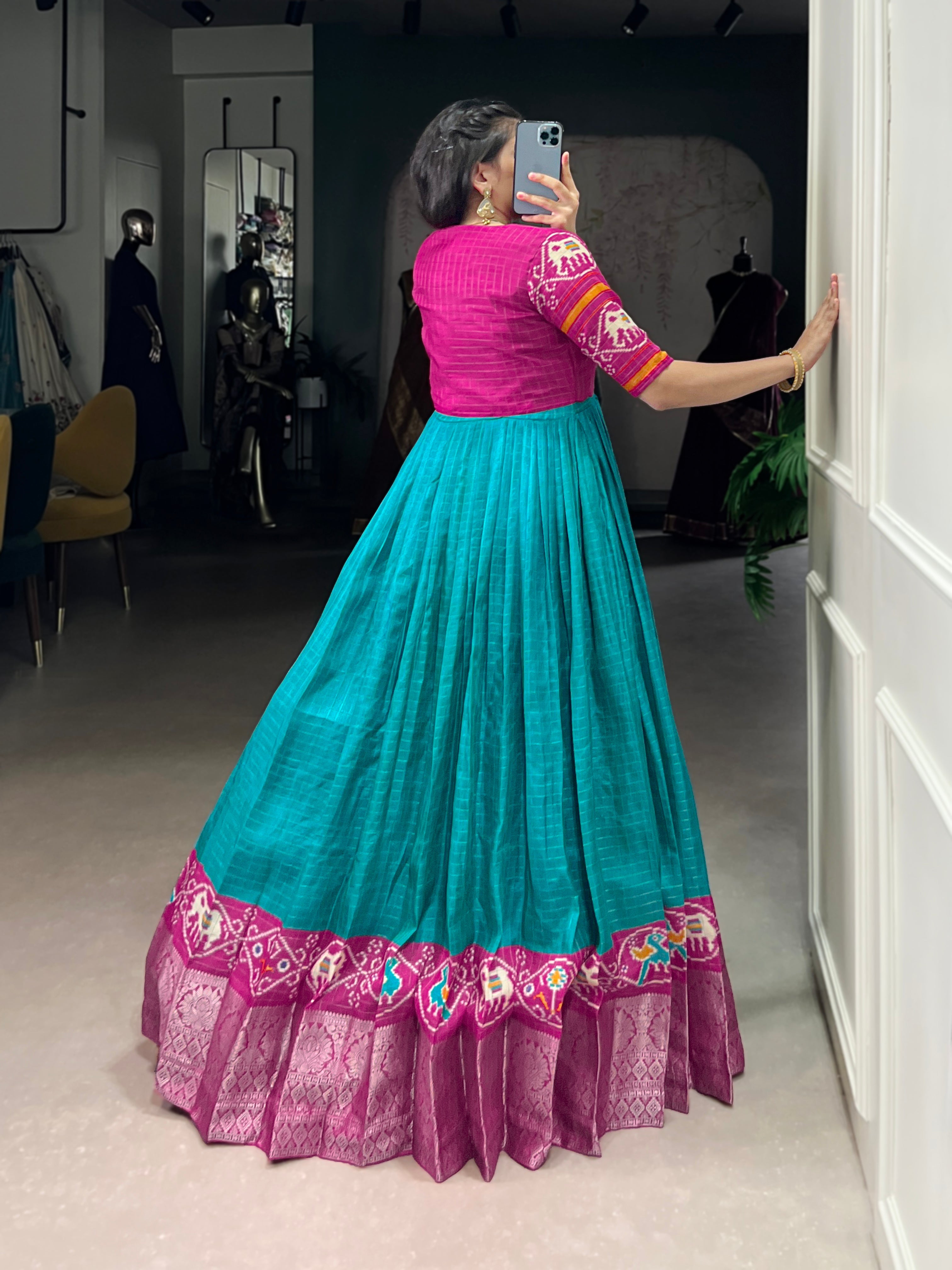 Lorenvalley Fashion Firozi Tussar Chex Patola Print With Weaving Work Border Gown with Koti