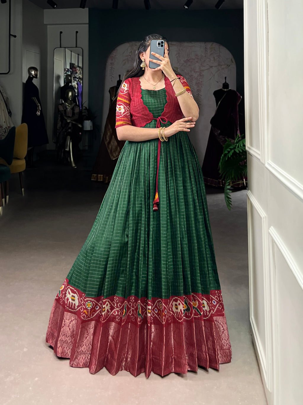 Lorenvalley Fashion Green Tussar Chex Patola Print With Weaving Work Border Gown with Koti
