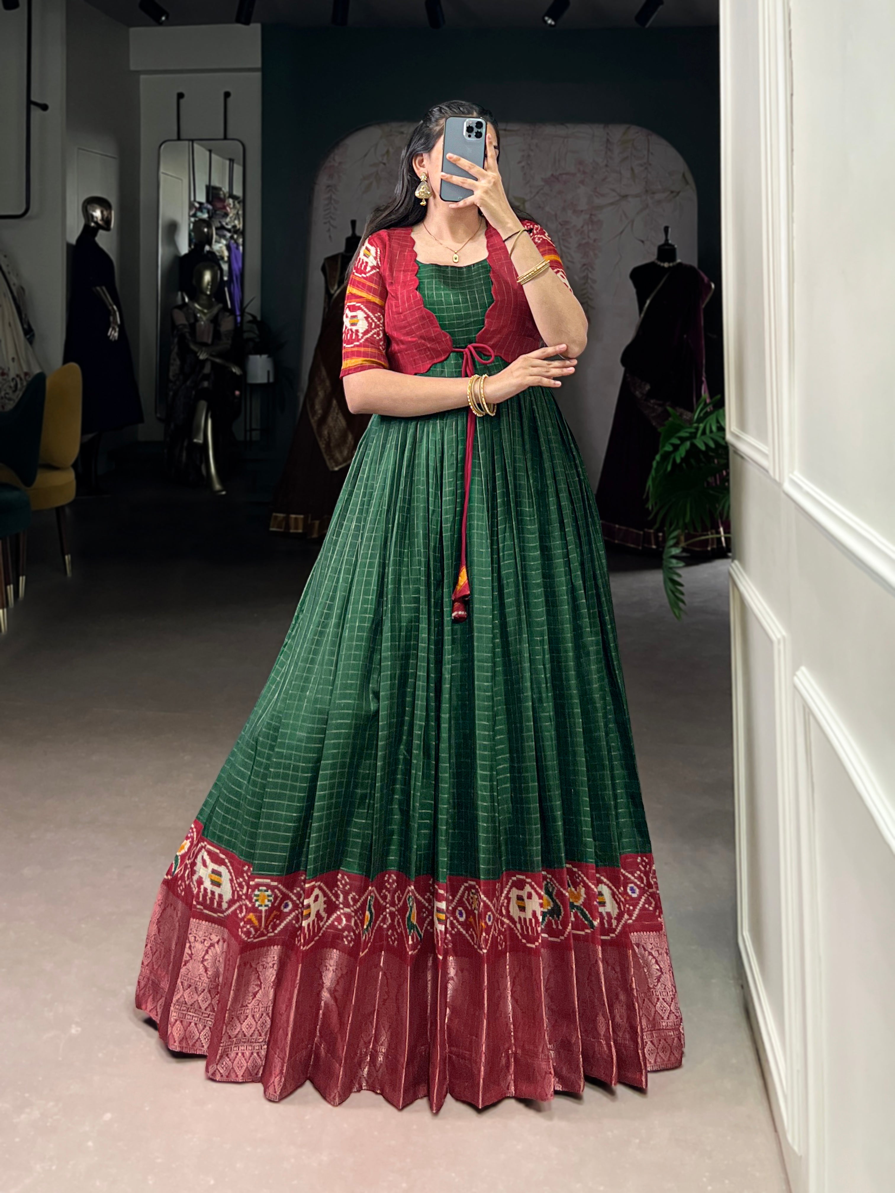 Lorenvalley Fashion Green Tussar Chex Patola Print With Weaving Work Border Gown with Koti