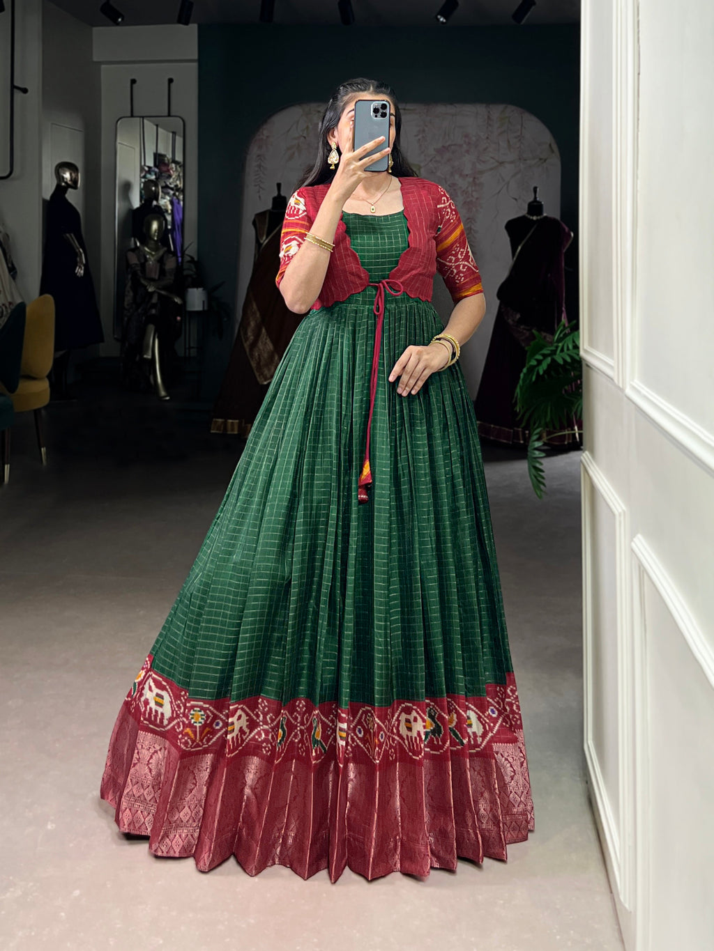 Lorenvalley Fashion Green Tussar Chex Patola Print With Weaving Work Border Gown with Koti