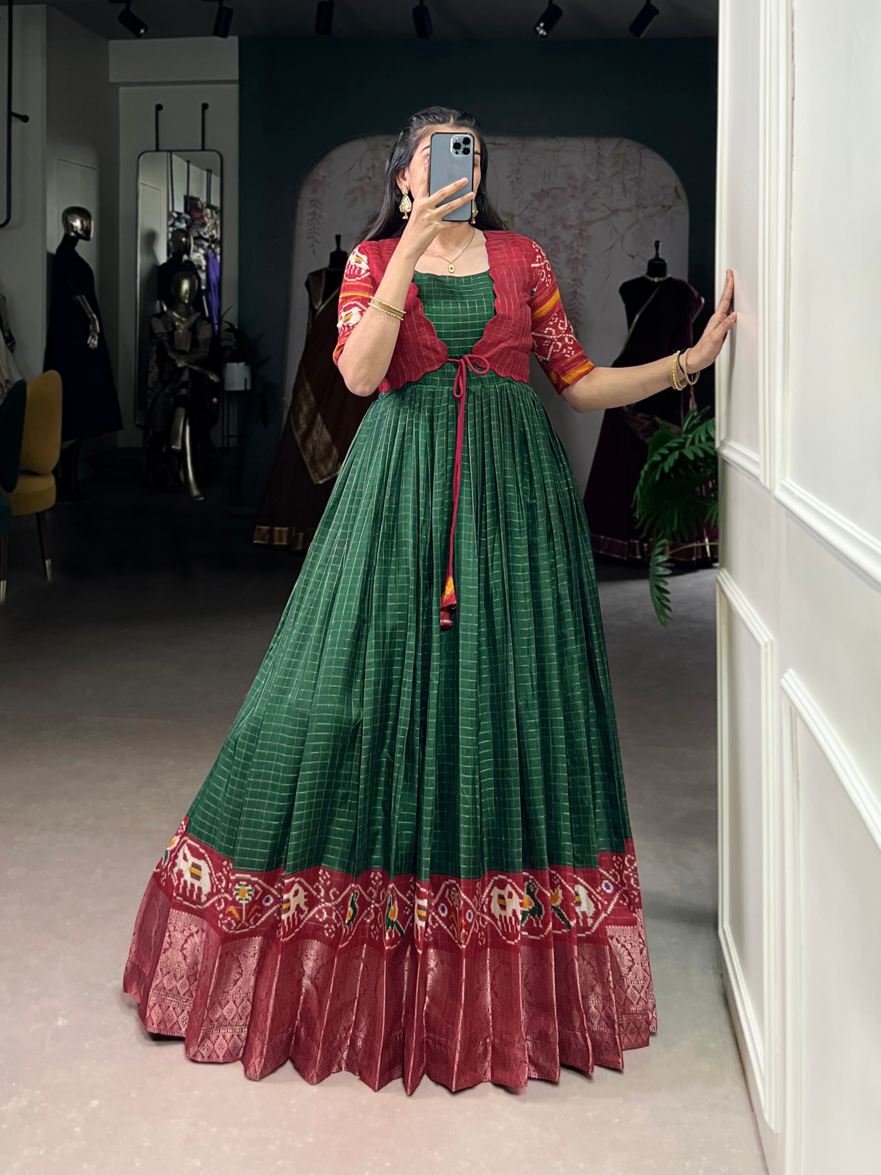 Lorenvalley Fashion Green Tussar Chex Patola Print With Weaving Work Border Gown with Koti