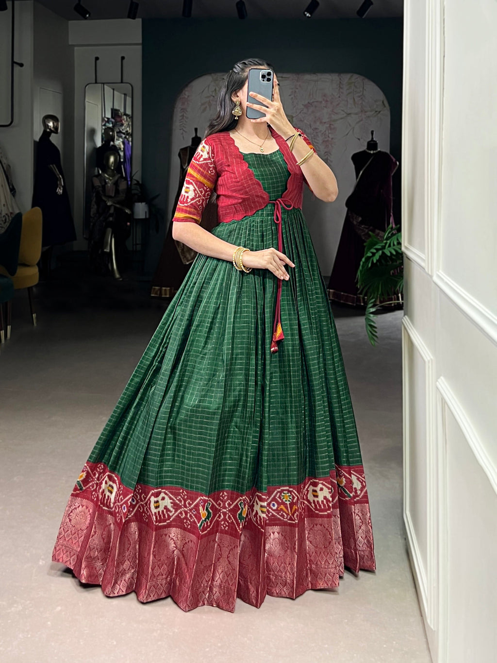 Lorenvalley Fashion Green Tussar Chex Patola Print With Weaving Work Border Gown with Koti