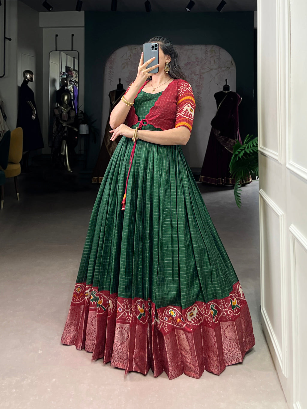 Lorenvalley Fashion Green Tussar Chex Patola Print With Weaving Work Border Gown with Koti