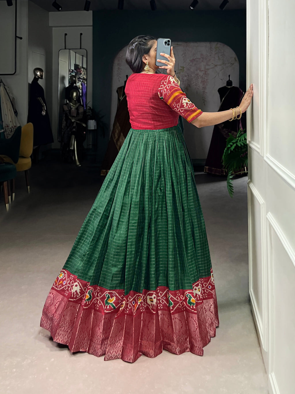 Lorenvalley Fashion Green Tussar Chex Patola Print With Weaving Work Border Gown with Koti