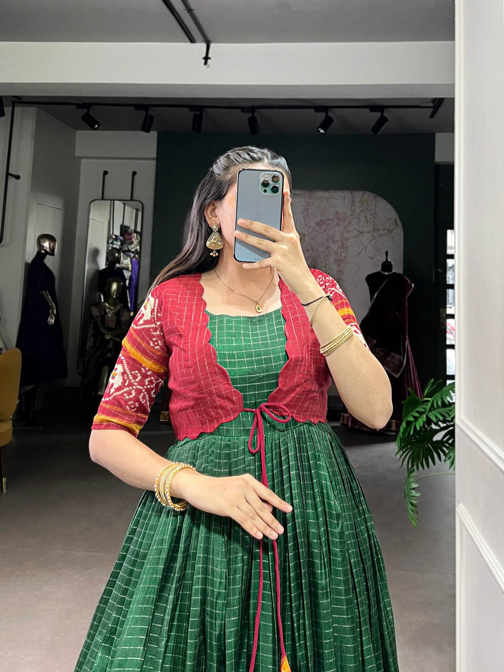 Lorenvalley Fashion Green Tussar Chex Patola Print With Weaving Work Border Gown with Koti