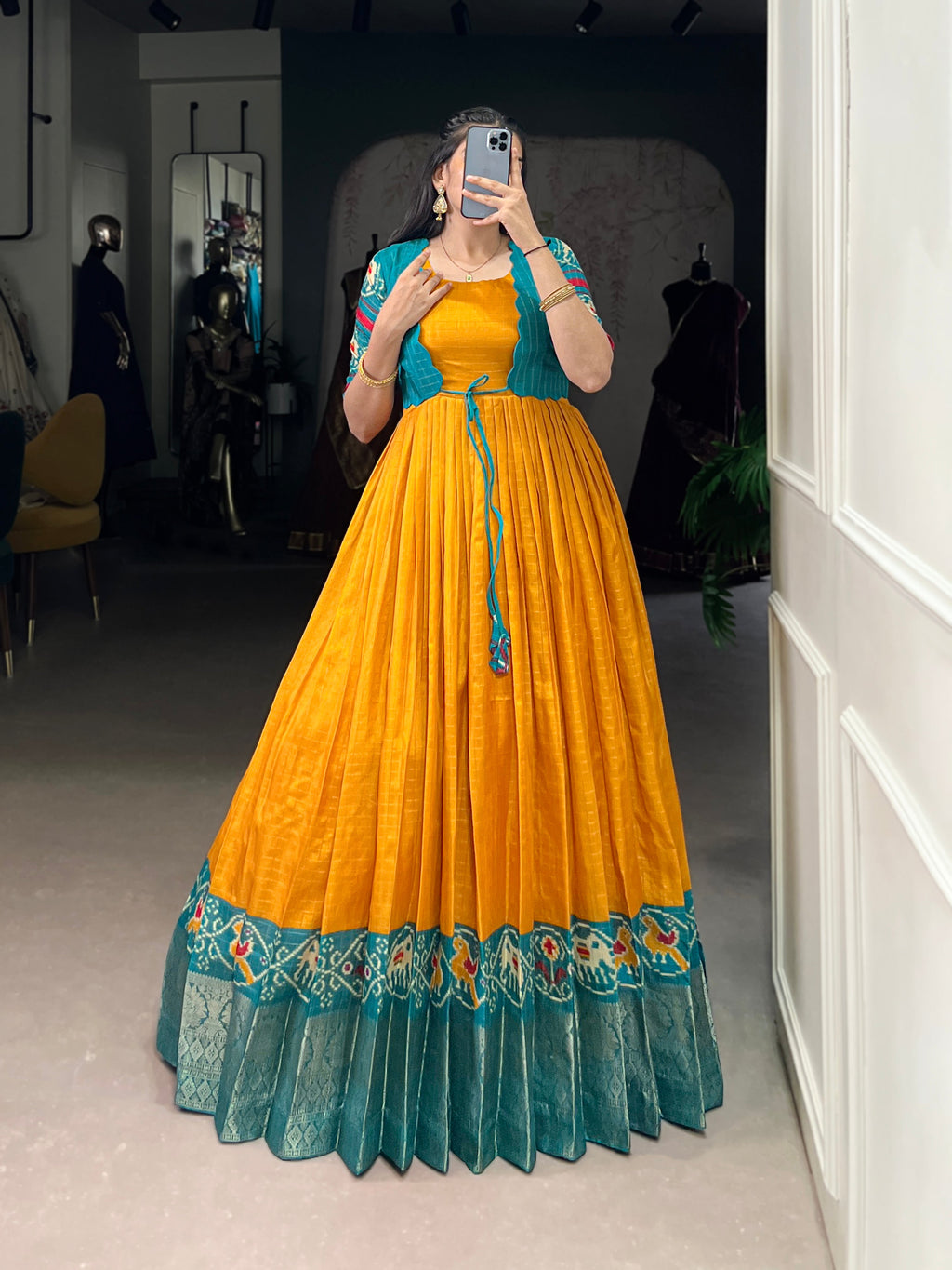 Lorenvalley Fashion Mustard Tussar Chex Patola Print With Weaving Work Border Gown with Koti