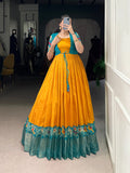 Lorenvalley Fashion Mustard Tussar Chex Patola Print With Weaving Work Border Gown with Koti