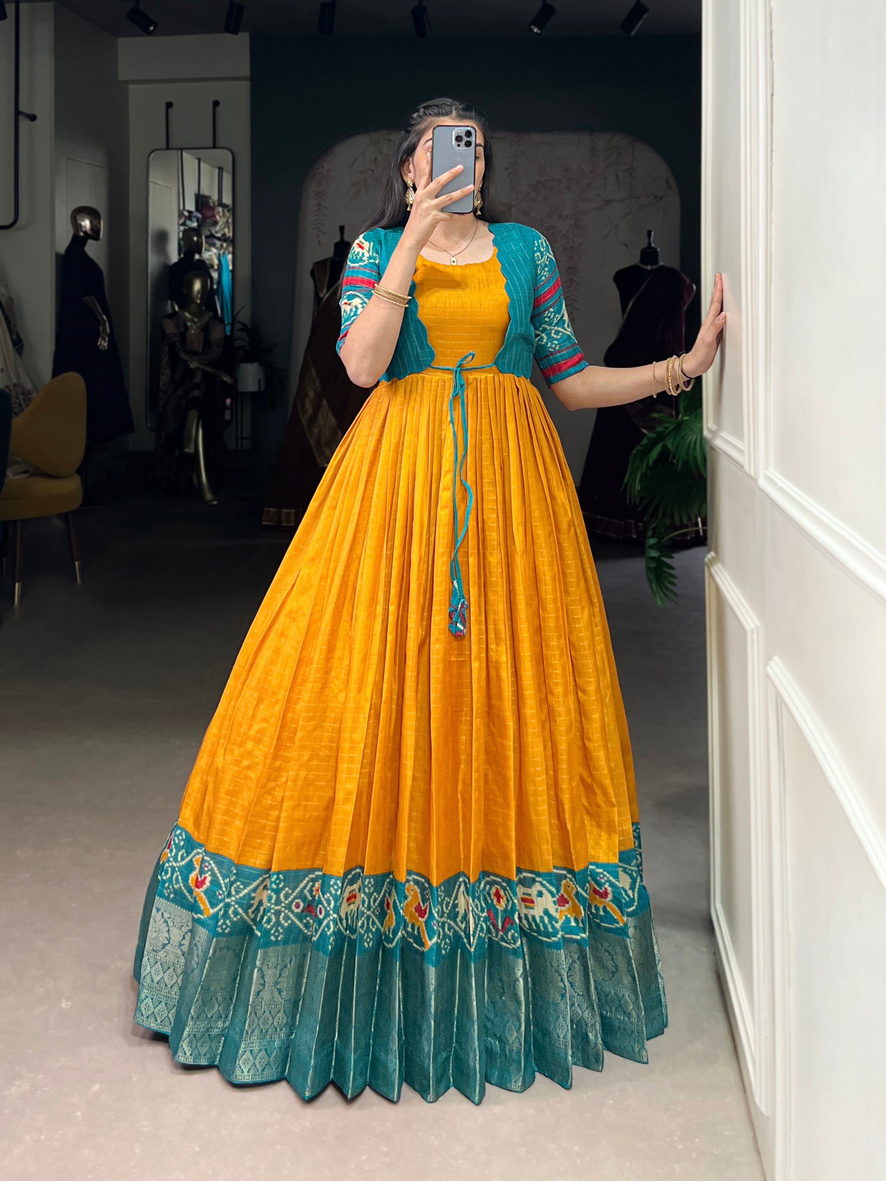 Lorenvalley Fashion Mustard Tussar Chex Patola Print With Weaving Work Border Gown with Koti