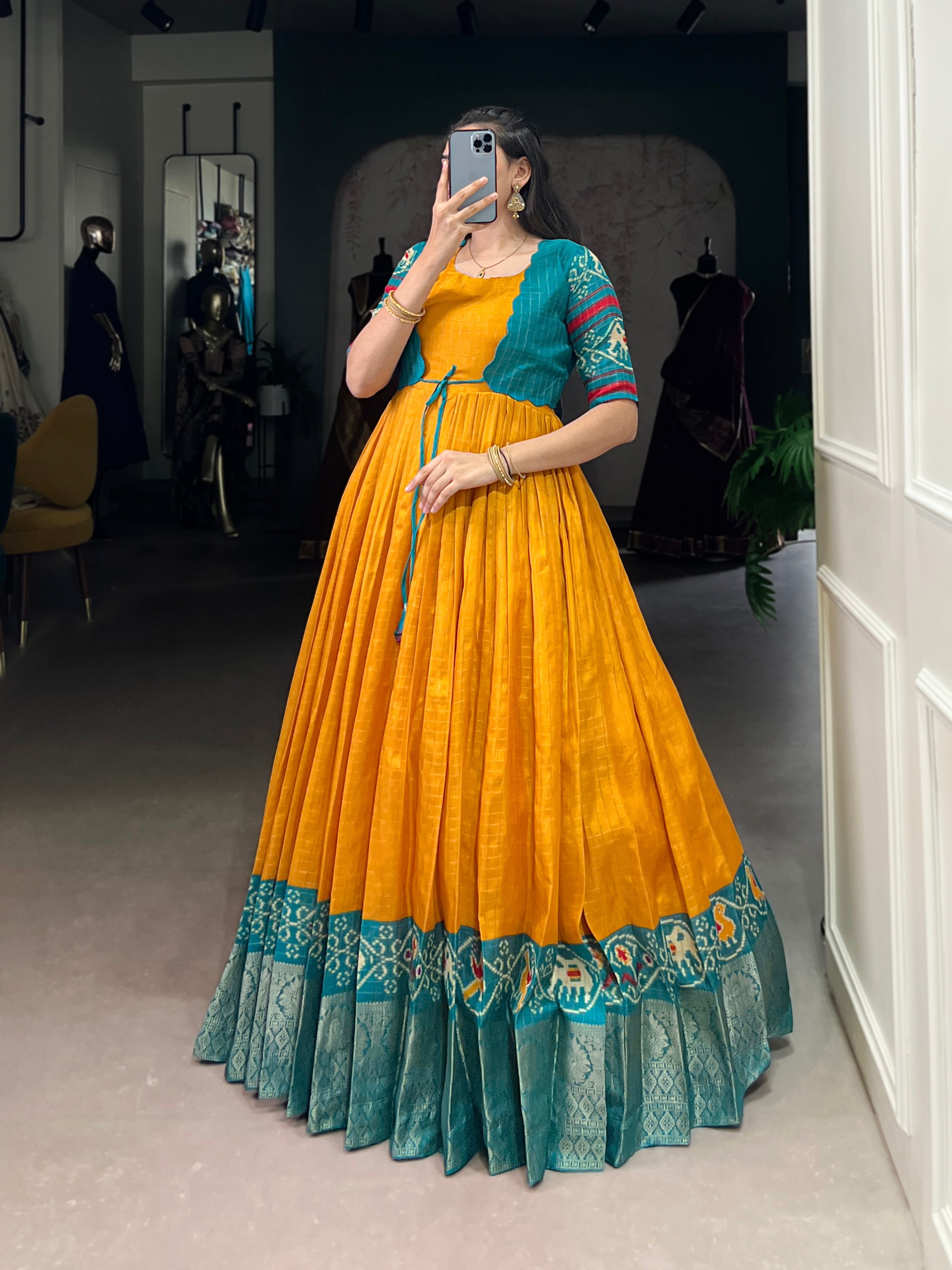 Lorenvalley Fashion Mustard Tussar Chex Patola Print With Weaving Work Border Gown with Koti