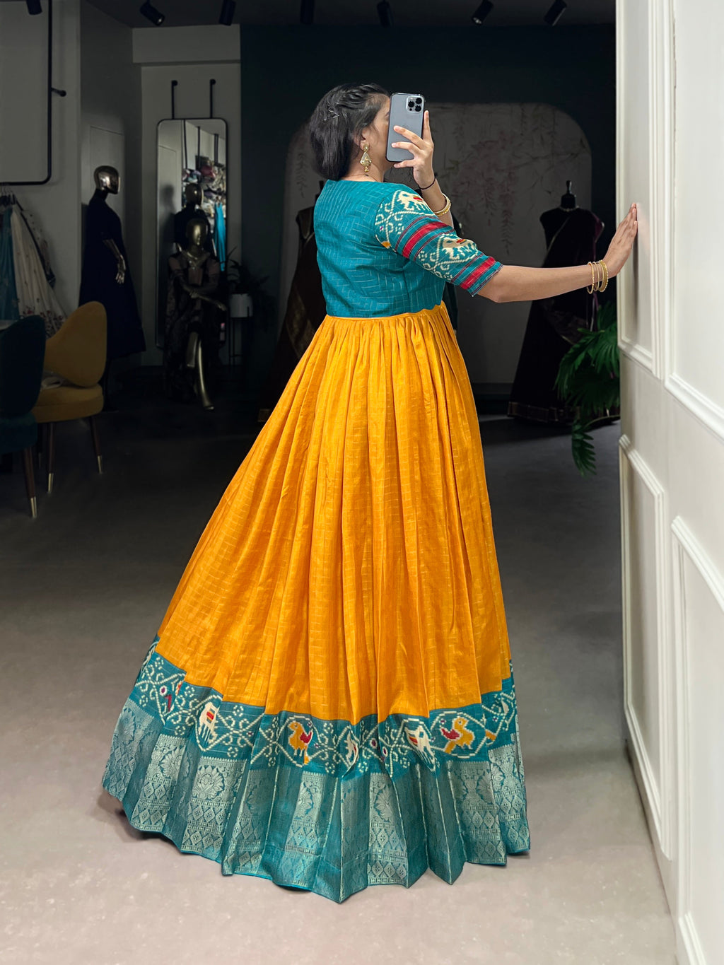 Lorenvalley Fashion Mustard Tussar Chex Patola Print With Weaving Work Border Gown with Koti