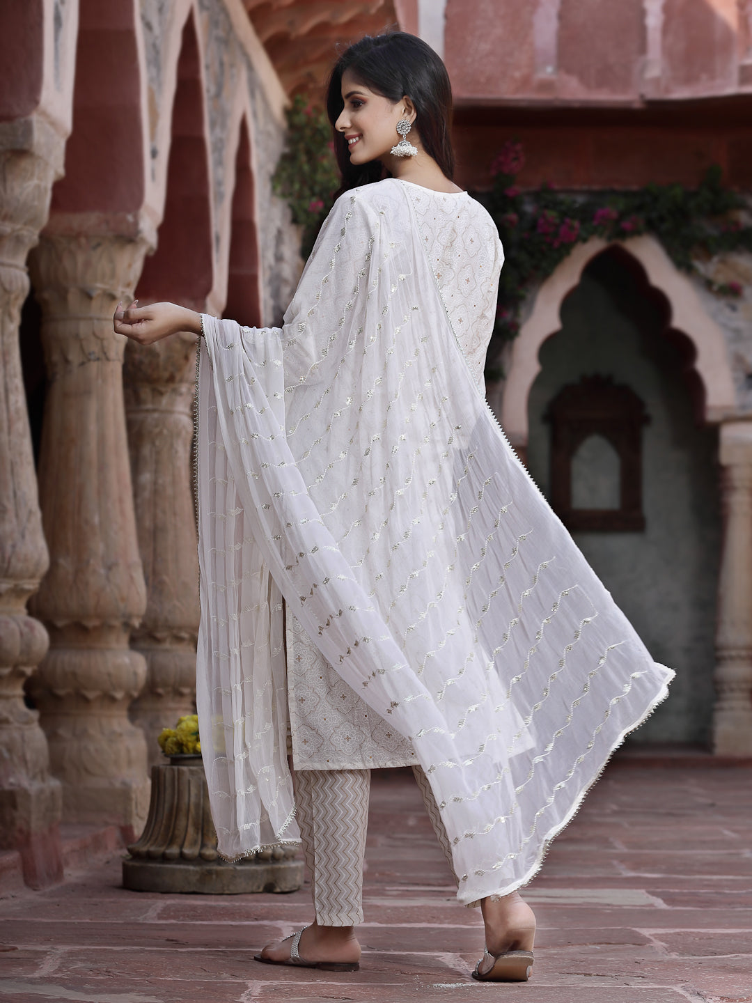 Juniper Women Off-White Cotton Embroidered Straight Kurta Pant Dupatta Set
