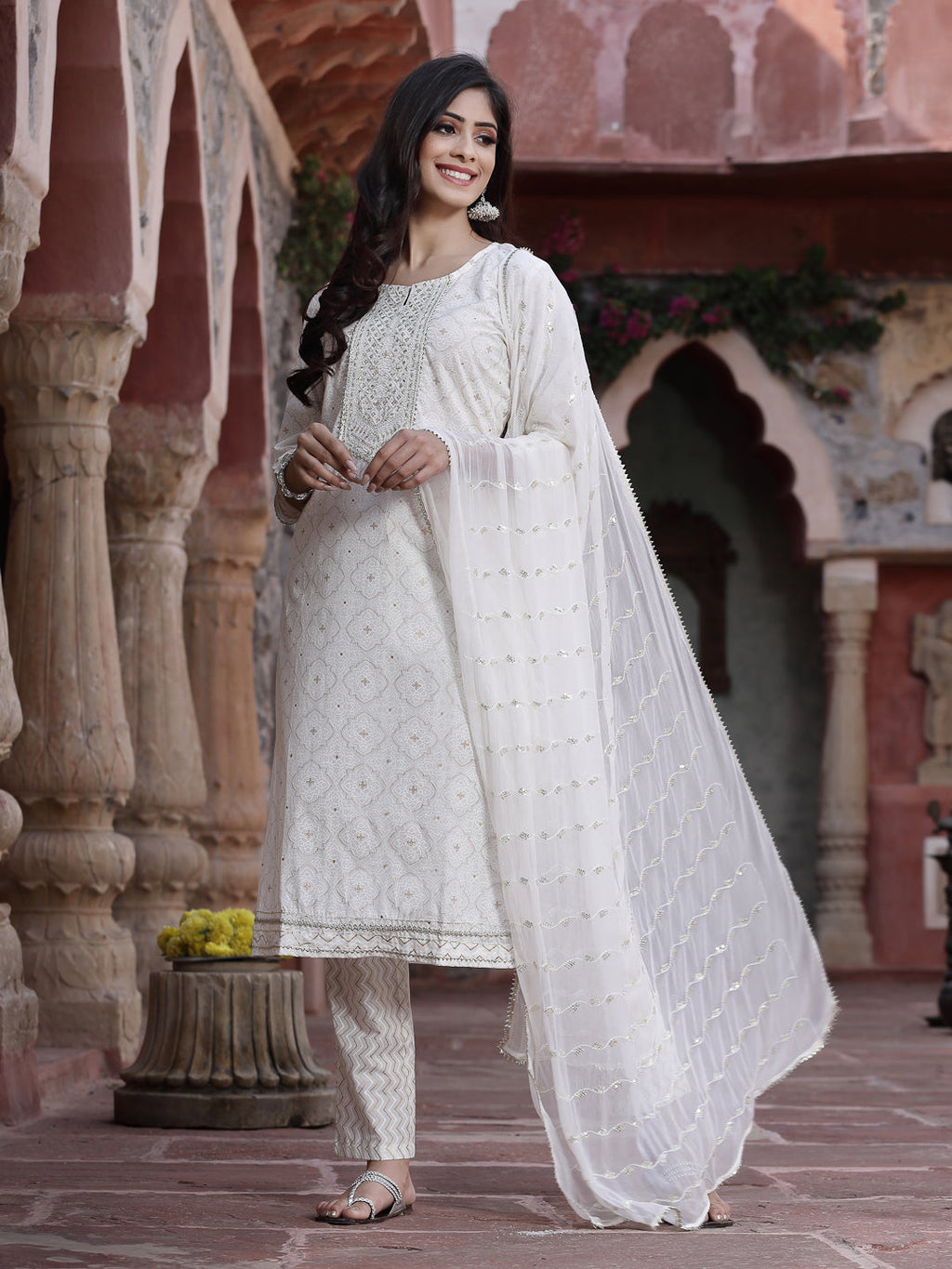 Juniper Women Off-White Cotton Embroidered Straight Kurta Pant Dupatta Set