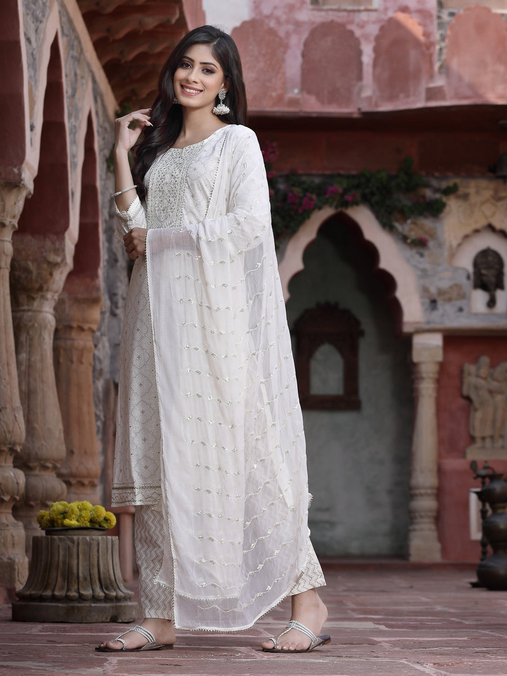 Juniper Women Off-White Cotton Embroidered Straight Kurta Pant Dupatta Set