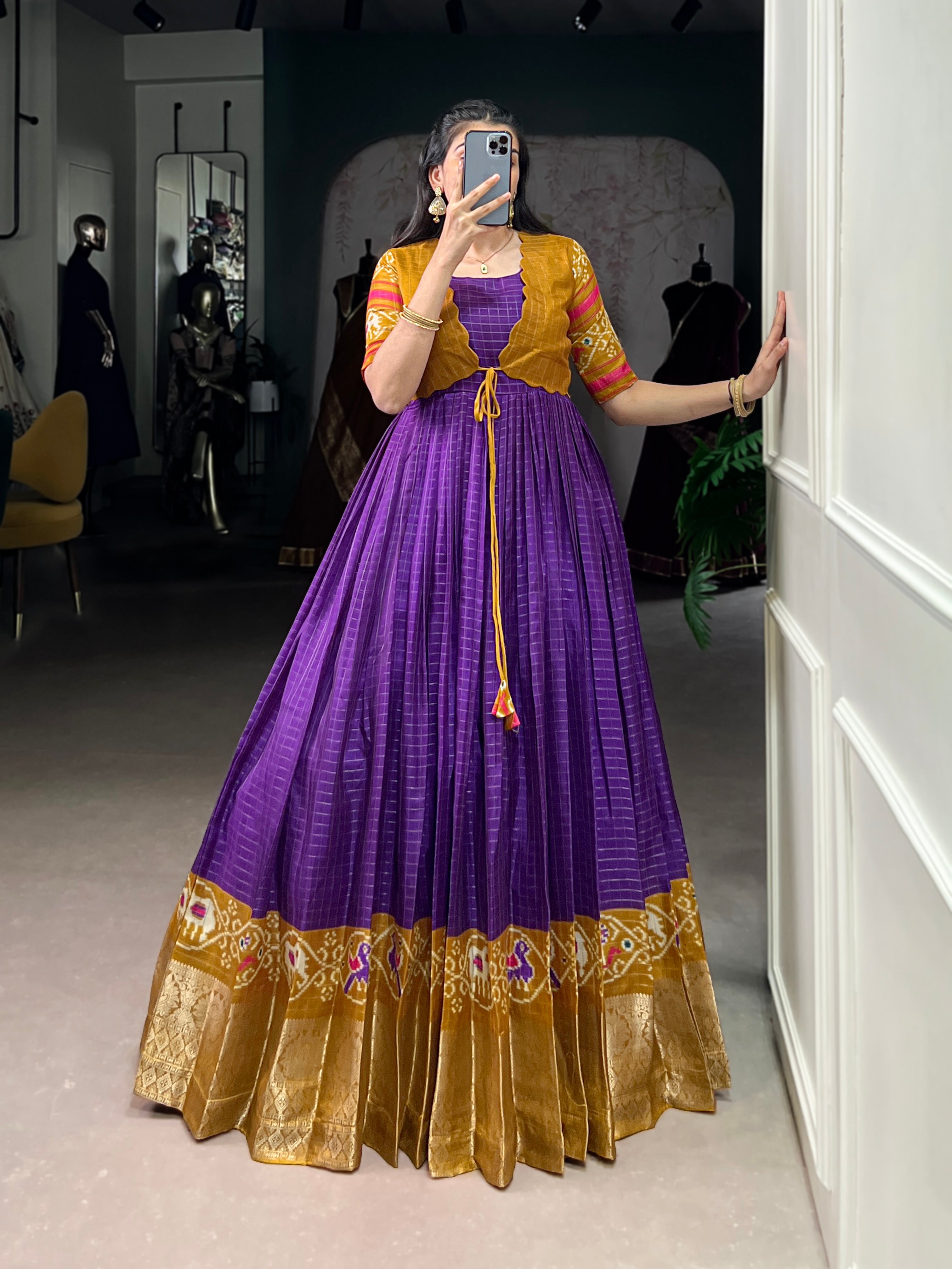 Lorenvalley Fashion Purple Tussar Chex Patola Print With Weaving Work Border Gown with Koti