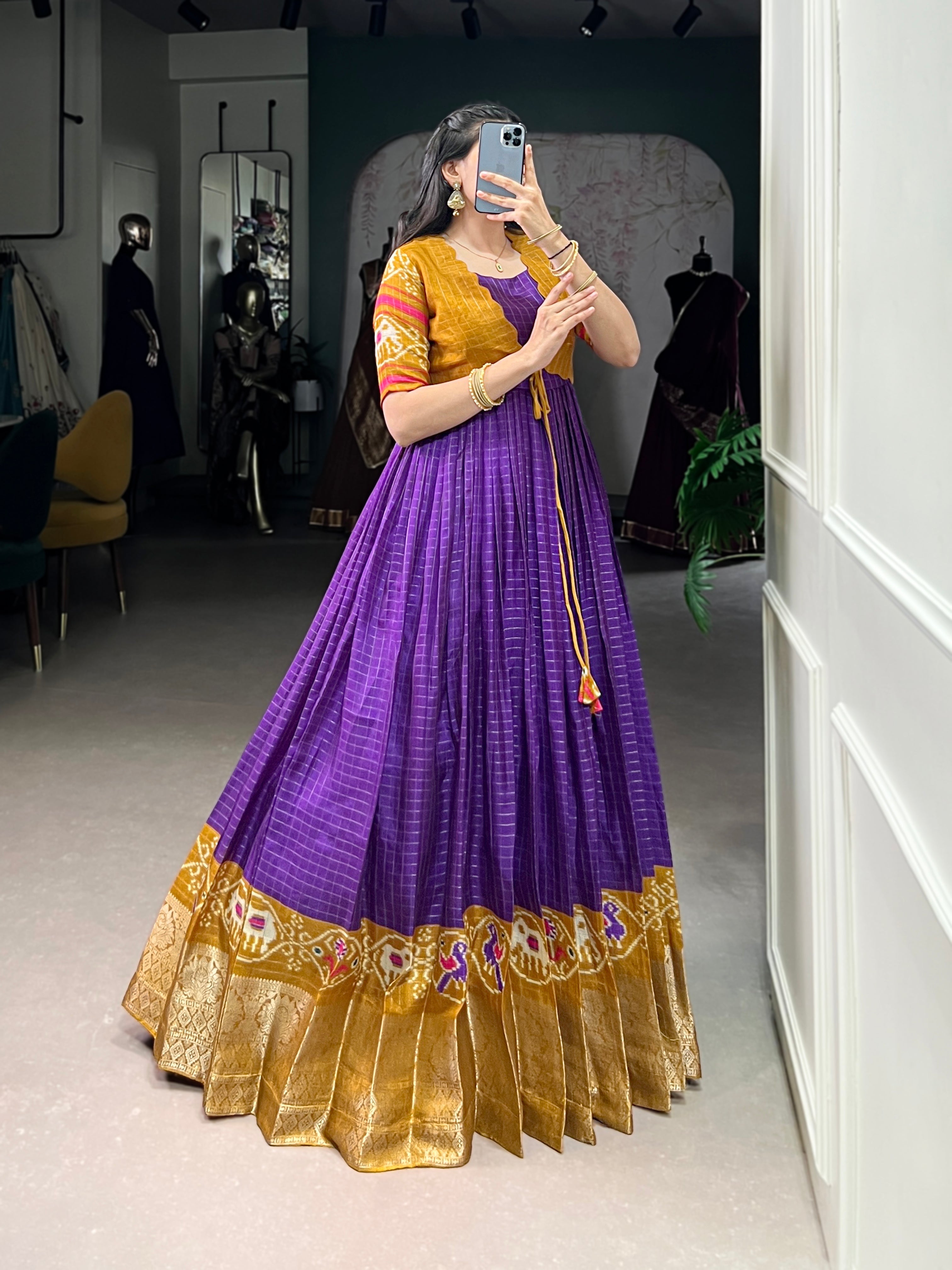 Lorenvalley Fashion Purple Tussar Chex Patola Print With Weaving Work Border Gown with Koti